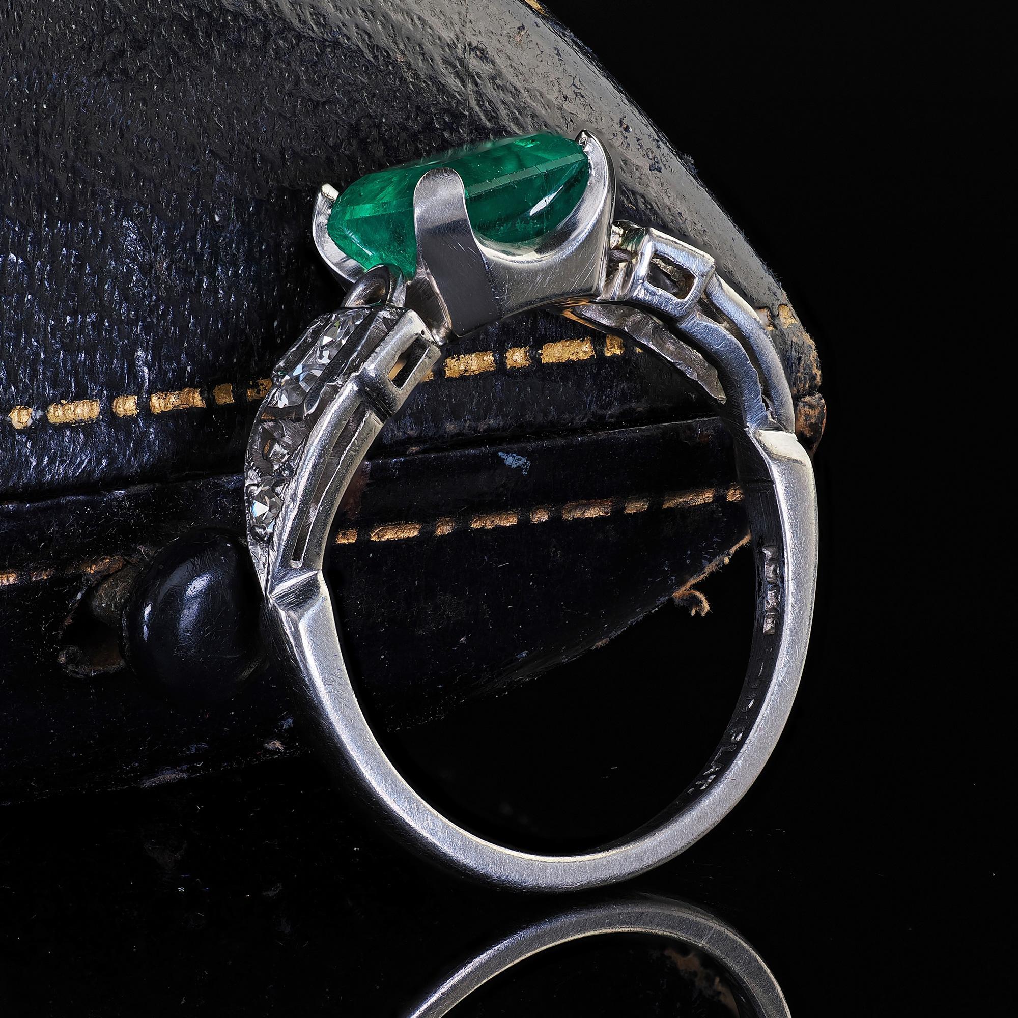 Emerald Cut Antique Art Deco Platinum Colombian Emerald and Diamond Engagement Ring - GIA For Sale