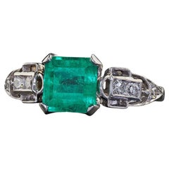 Bague de fiançailles Art déco ancienne en platine, émeraude de Colombie et diamants - GIA