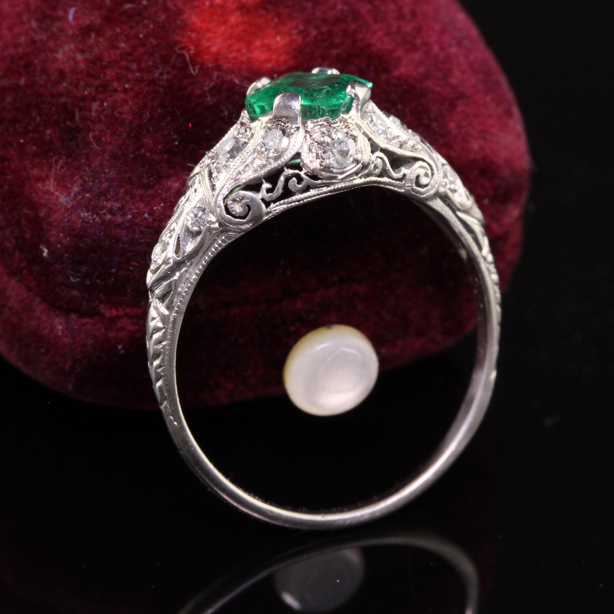 Emerald Cut Antique Art Deco Platinum Colombian Emerald Diamond Filigree Engagement Ring