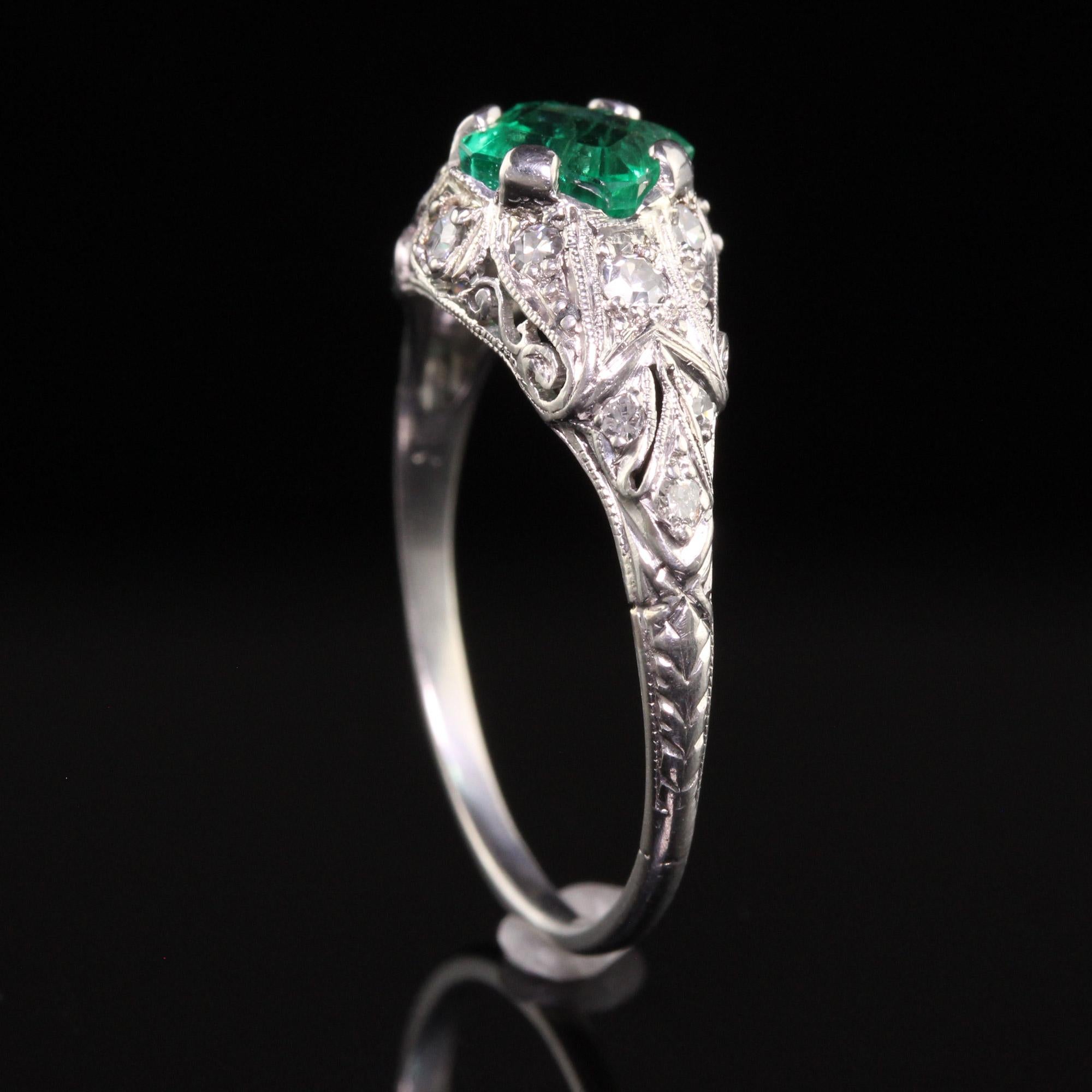 Antique Art Deco Platinum Colombian Emerald Diamond Filigree Engagement Ring 1