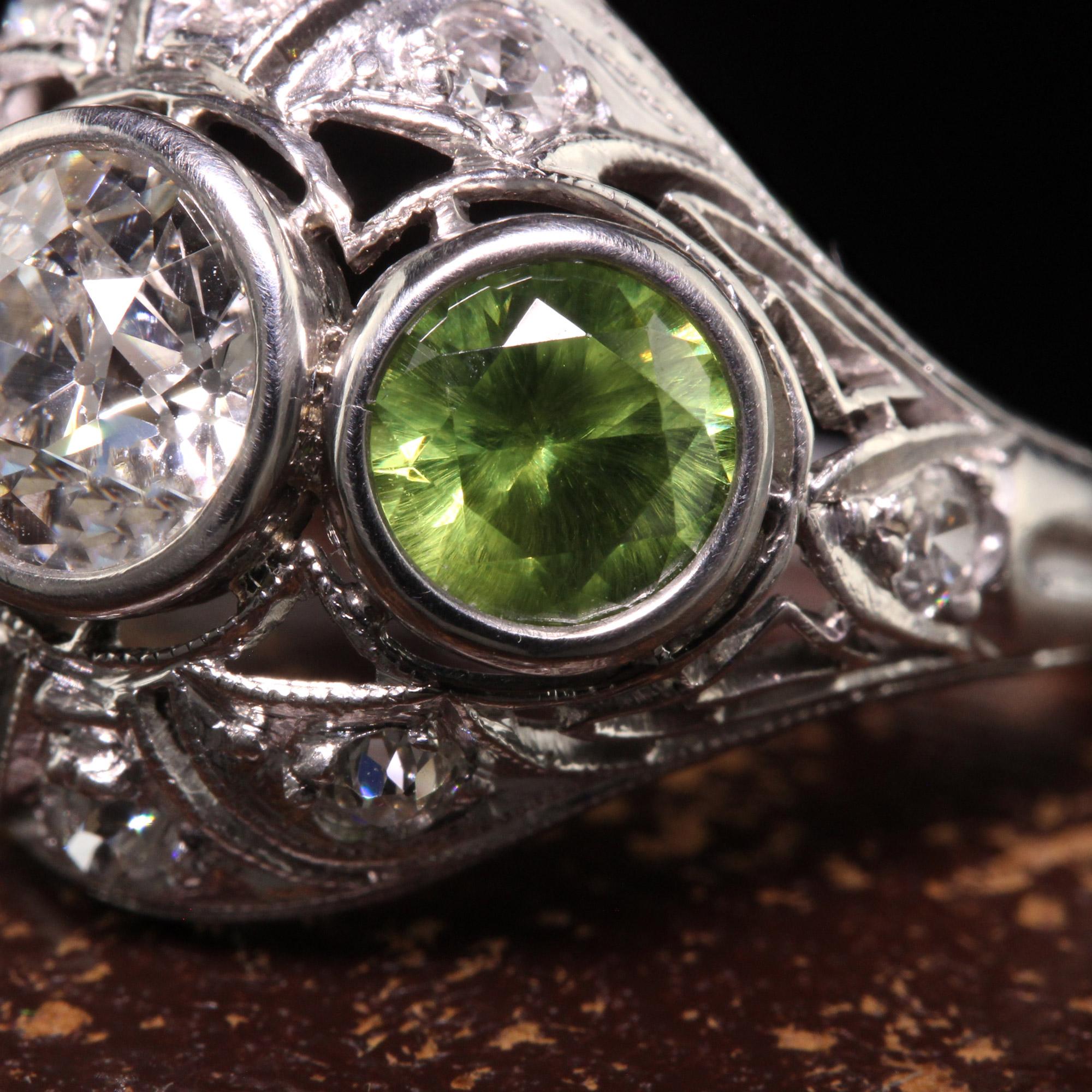 Women's Antique Art Deco Platinum Demantoid Garnet and Diamond Three Stone Ring For Sale
