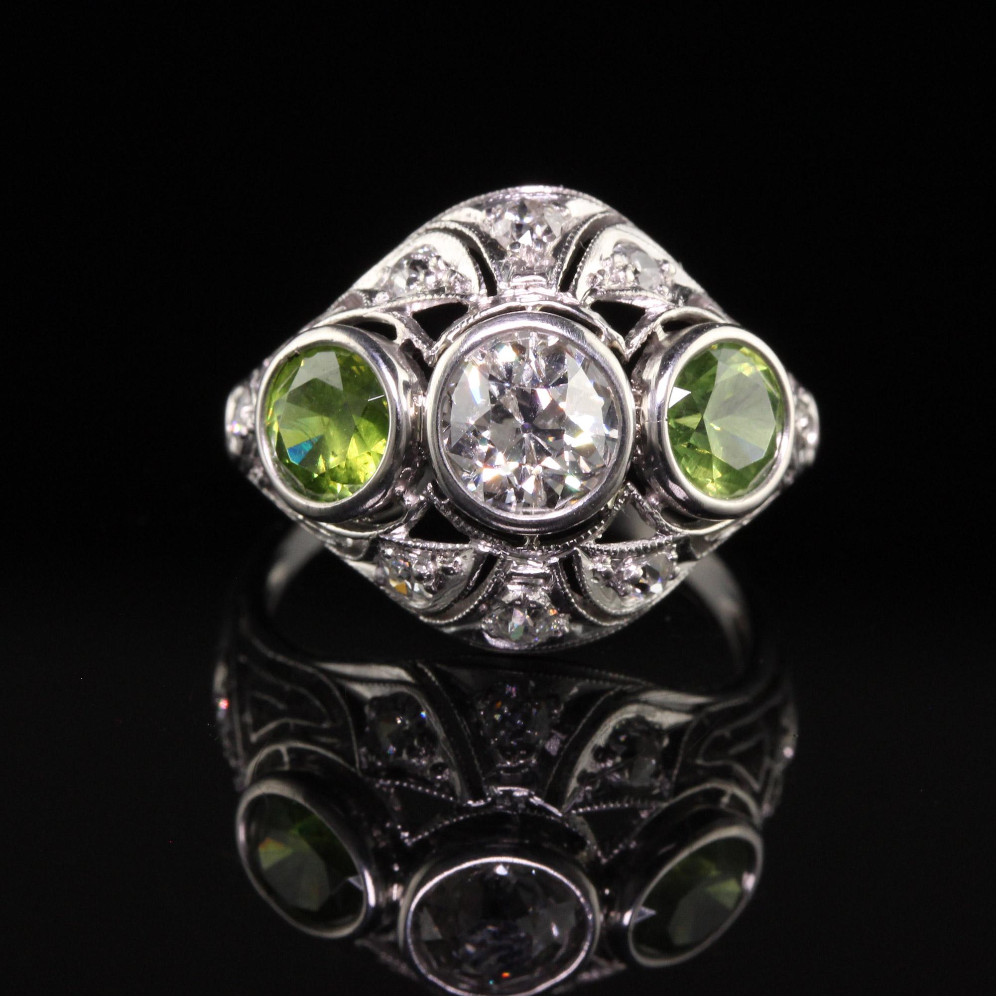 Antique Art Deco Platinum Demantoid Garnet and Diamond Three Stone Ring For Sale 1