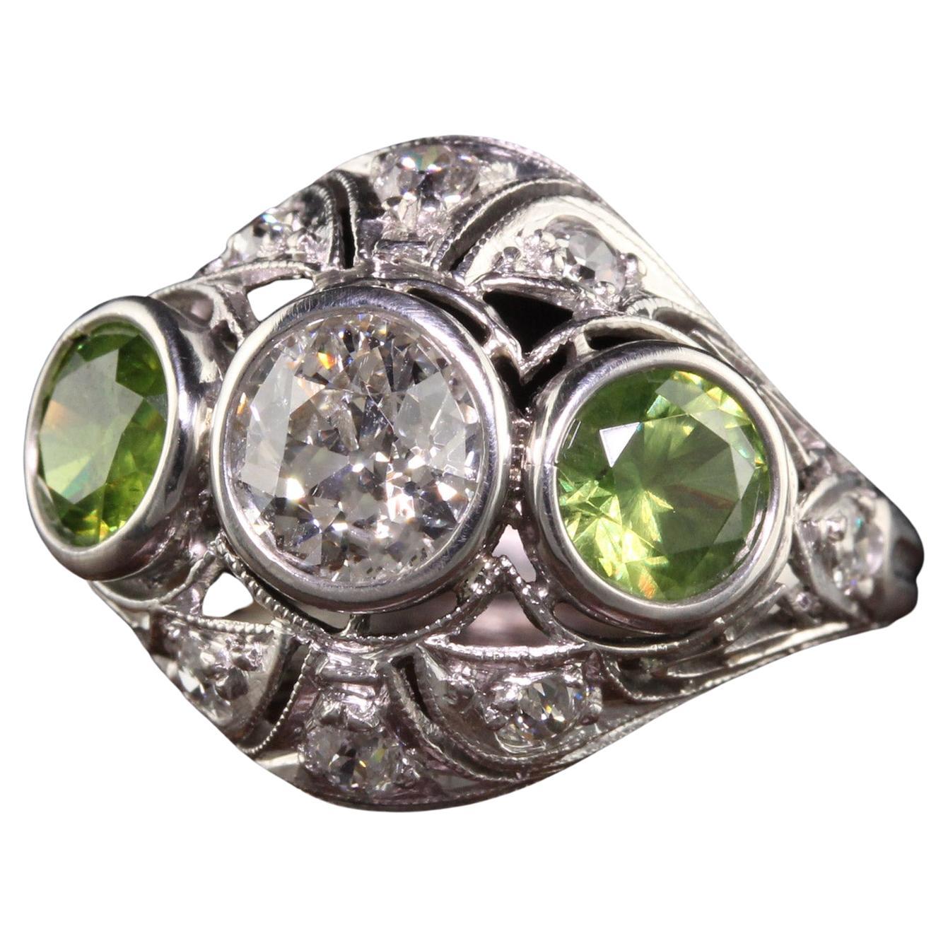 Antique Art Deco Platinum Demantoid Garnet and Diamond Three Stone Ring For Sale