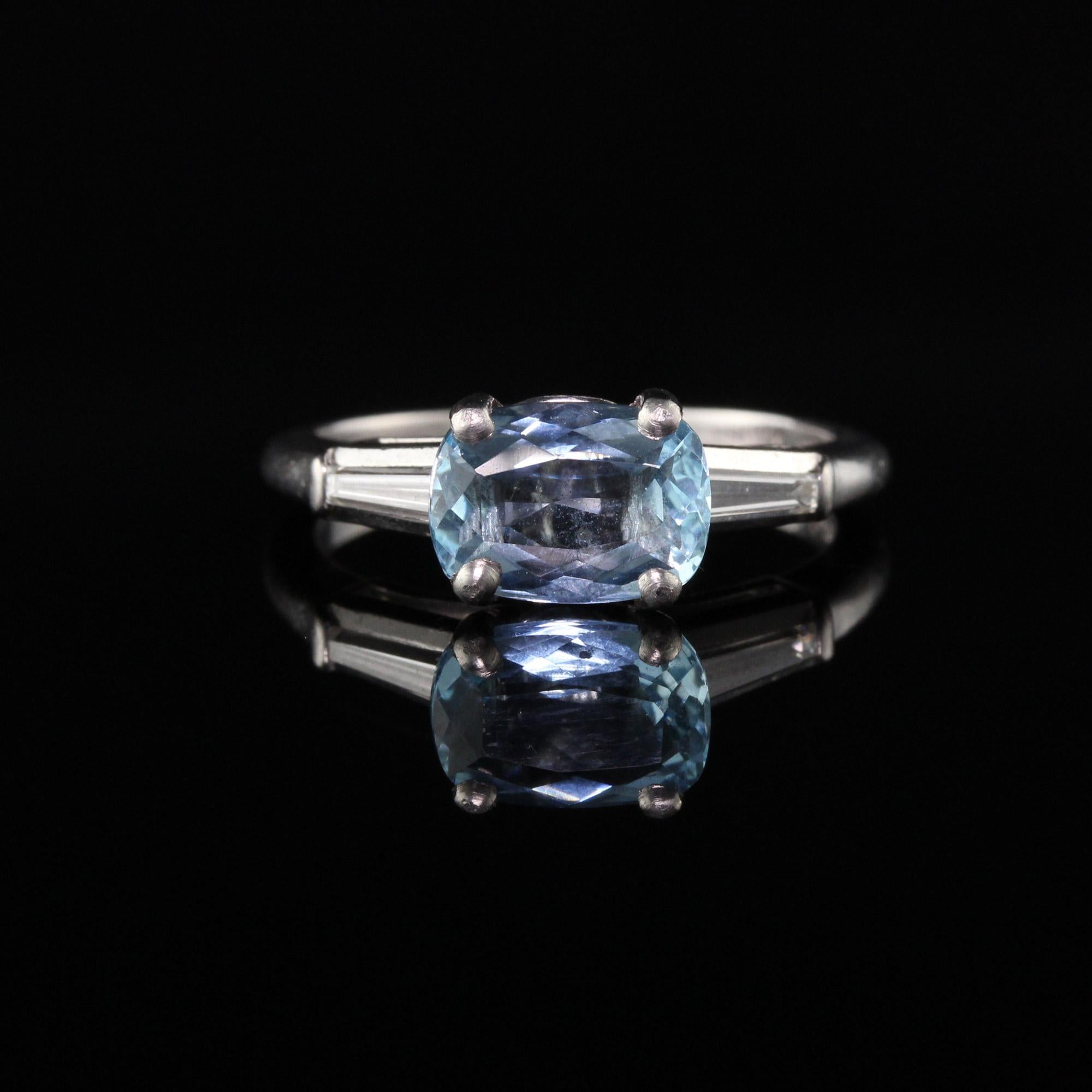 Antique Art Deco Platinum Diamond and Aquamarine Engagement Ring In Good Condition In Great Neck, NY