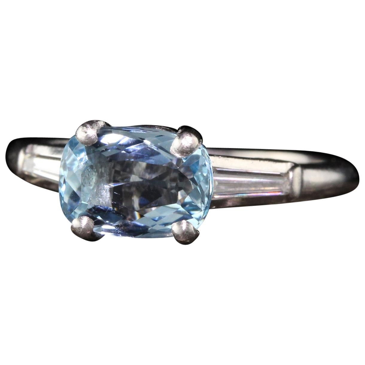 Antique Art Deco Platinum Diamond and Aquamarine Engagement Ring