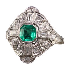 Antique Art Deco Platinum Diamond and Colombian Emerald Engagement Ring