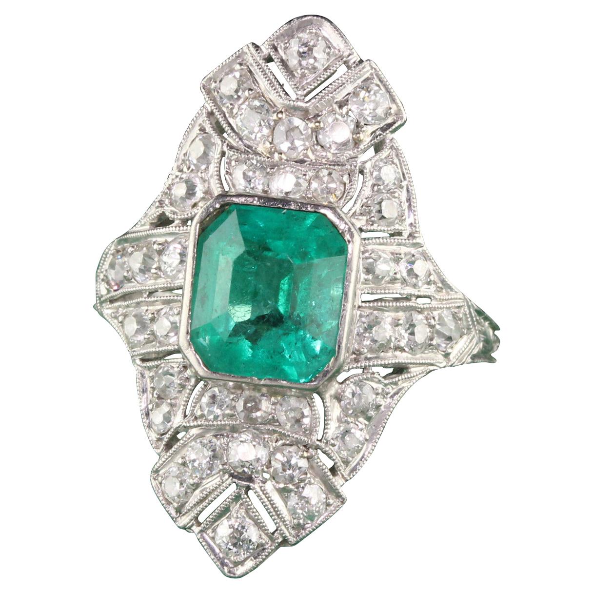 Antiker Art Deco Platin Diamant und kolumbianischer Smaragd Schild Ring