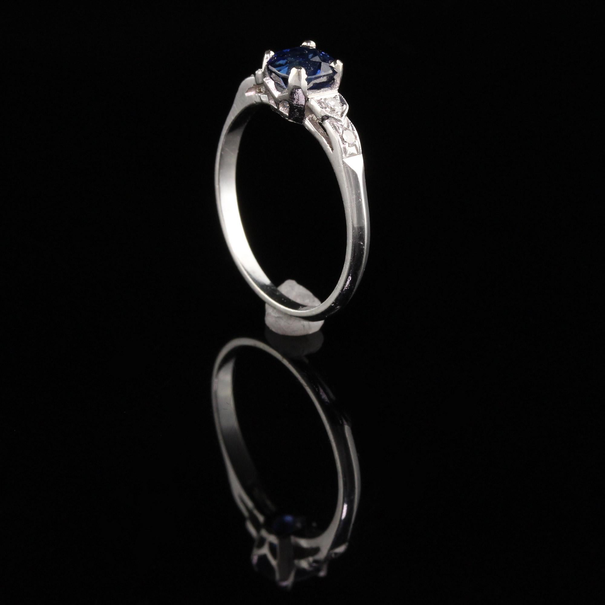 Women's or Men's Antique Art Deco Platinum Diamond and Cushion Sapphire Engagement Ring