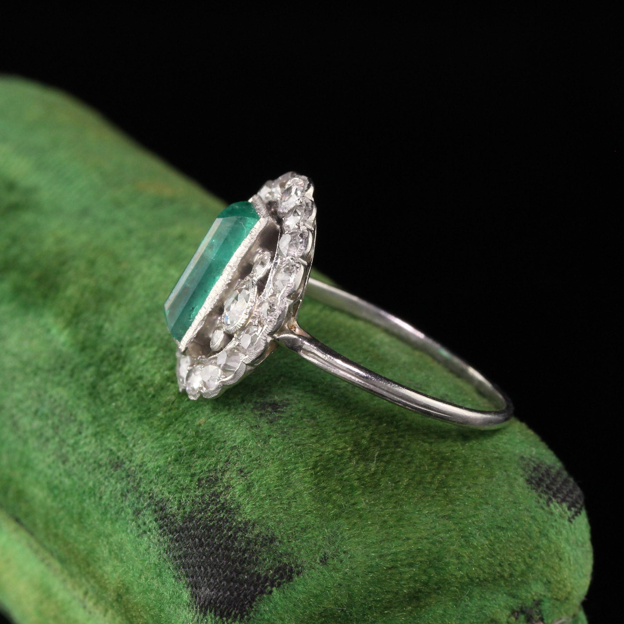 Emerald Cut Antique Art Deco Platinum Diamond and Emerald Cocktail Ring