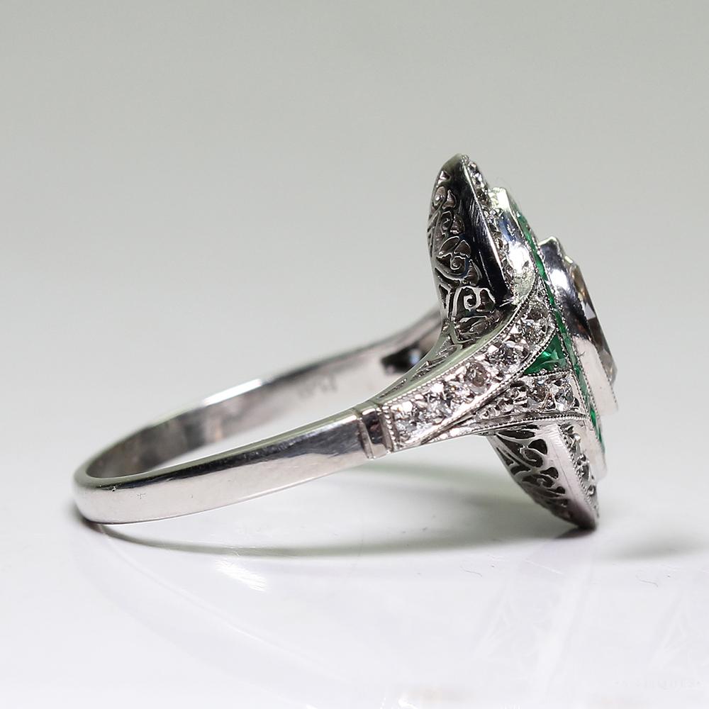 Old Mine Cut Antique Art Deco Platinum Diamond and Emerald Ring