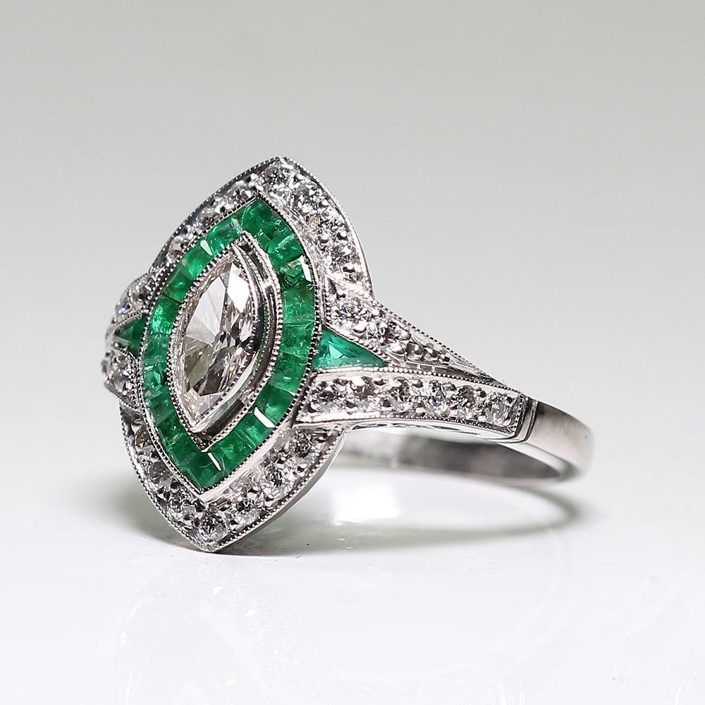 Women's or Men's Antique Art Deco Platinum Diamond and Emerald Ring