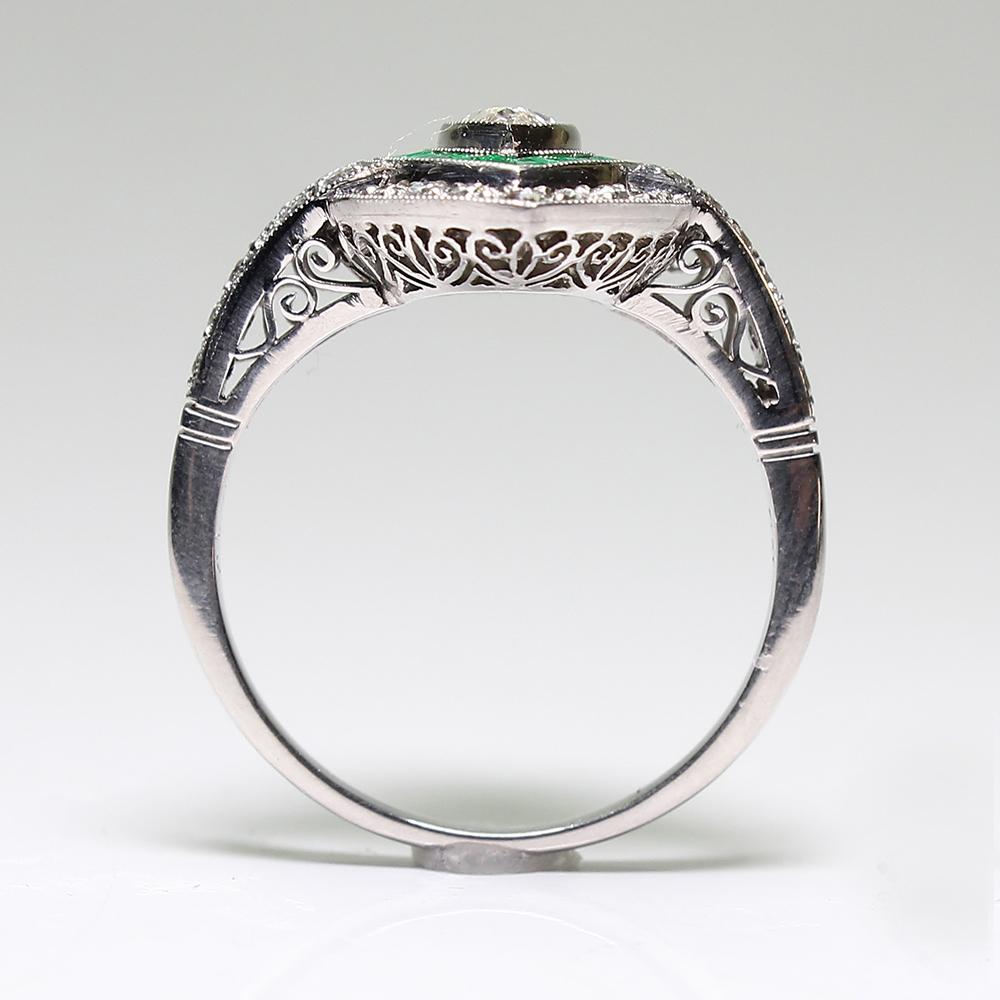 Antique Art Deco Platinum Diamond and Emerald Ring 1