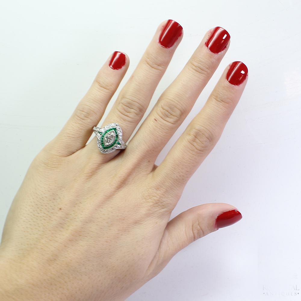 Antique Art Deco Platinum Diamond and Emerald Ring 2