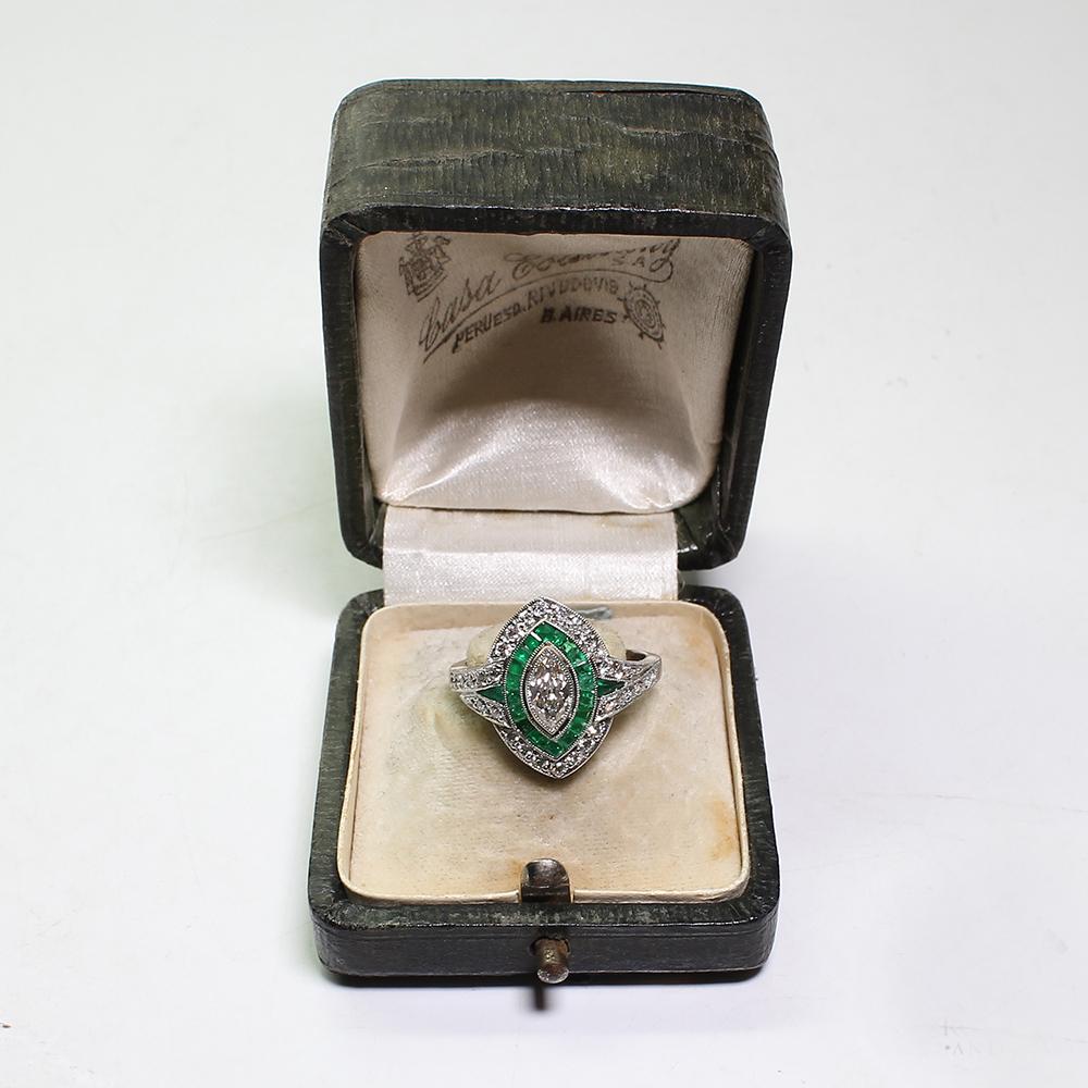 Antique Art Deco Platinum Diamond and Emerald Ring 3