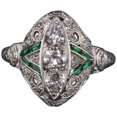 Antique Art Deco Platinum Diamond and Emerald Ring