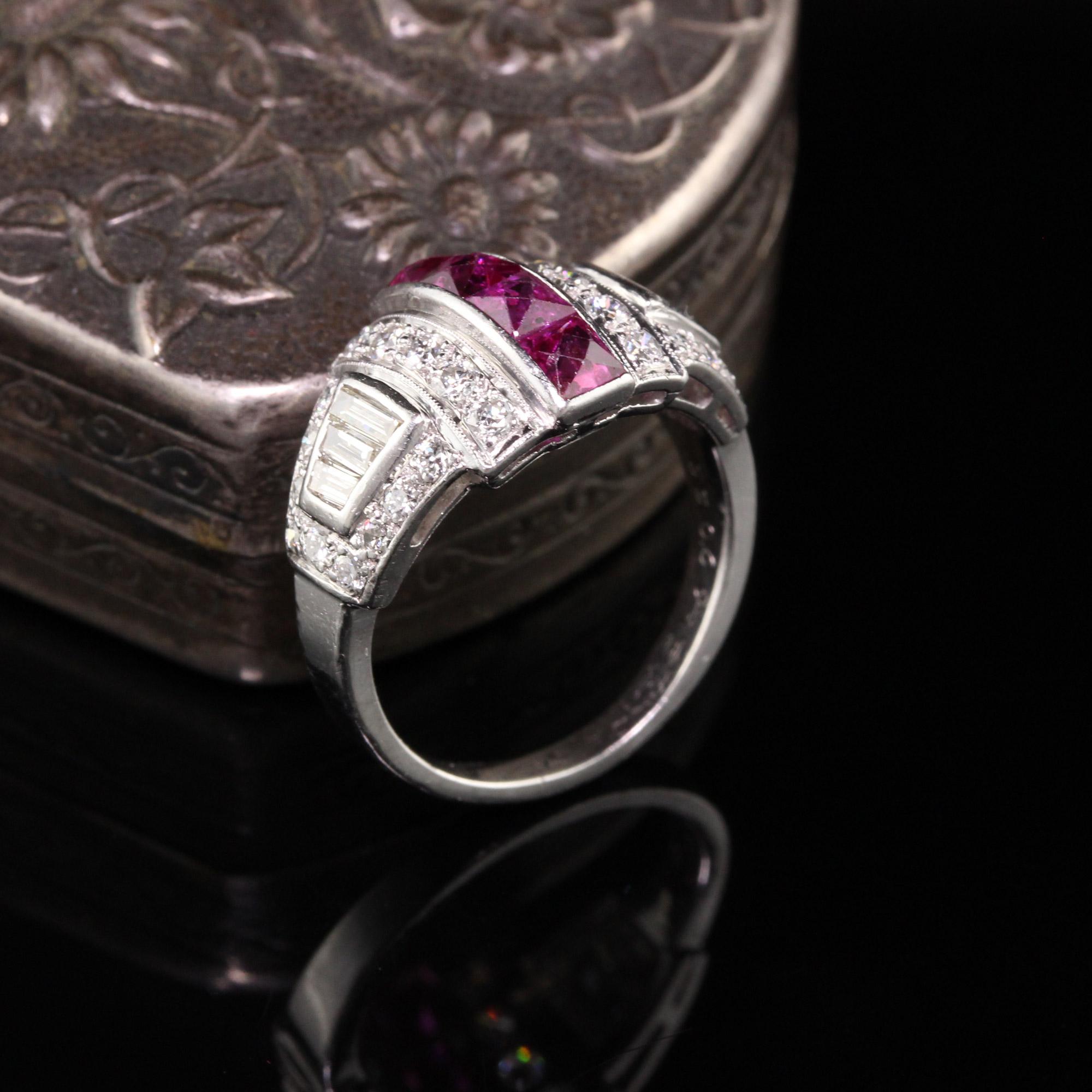 orgeous Antique Art Deco Platinum Diamond and French Cut Ruby Ring. A beautiful Art Deco ring finely made and features 4 large French cut rubies going down the center. The ring is also numbered.

Item #R0762

Metal: Platinum

Diamonds: Approximately