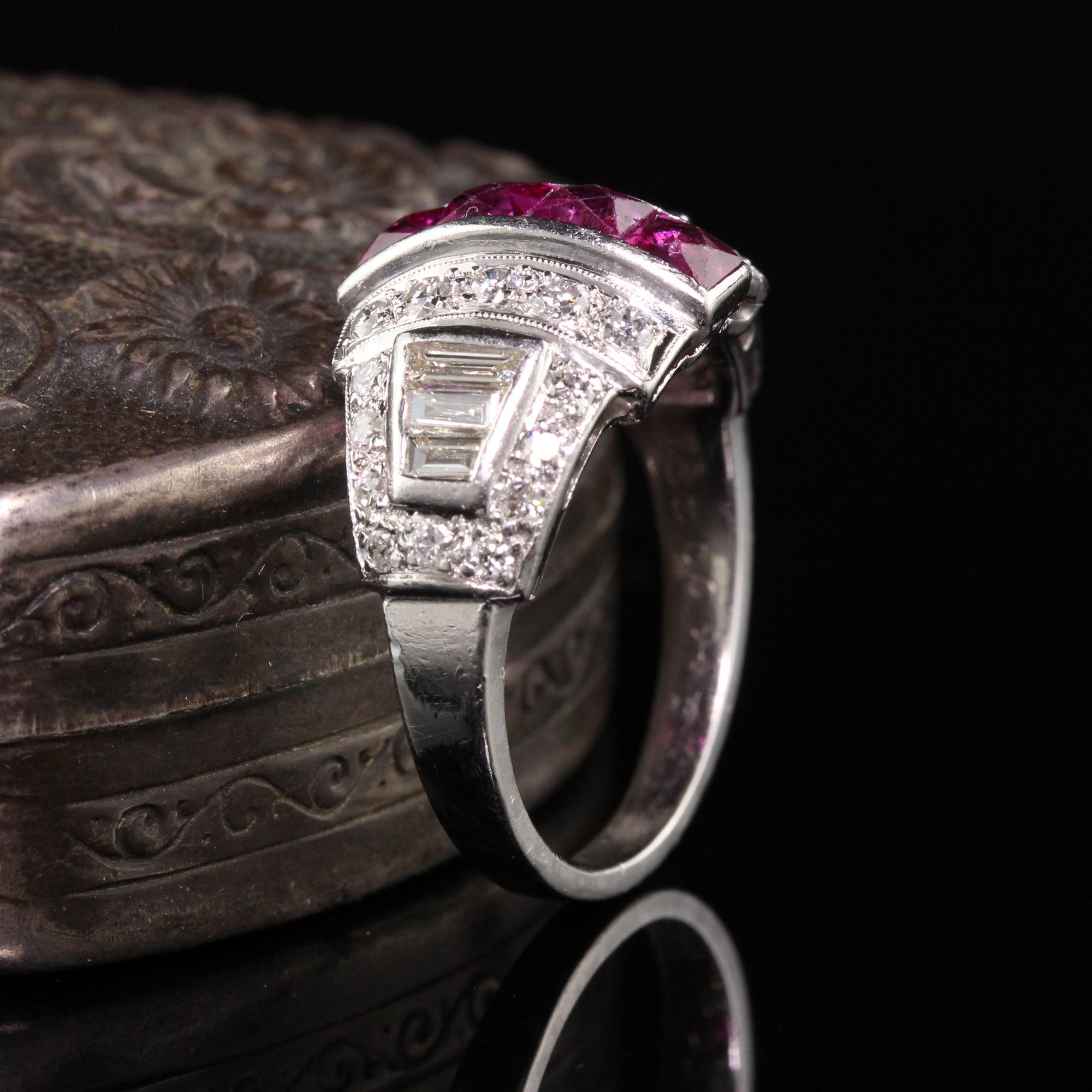 Antique Art Deco Platinum Diamond and French Cut Ruby Ring In Good Condition For Sale In Great Neck, NY