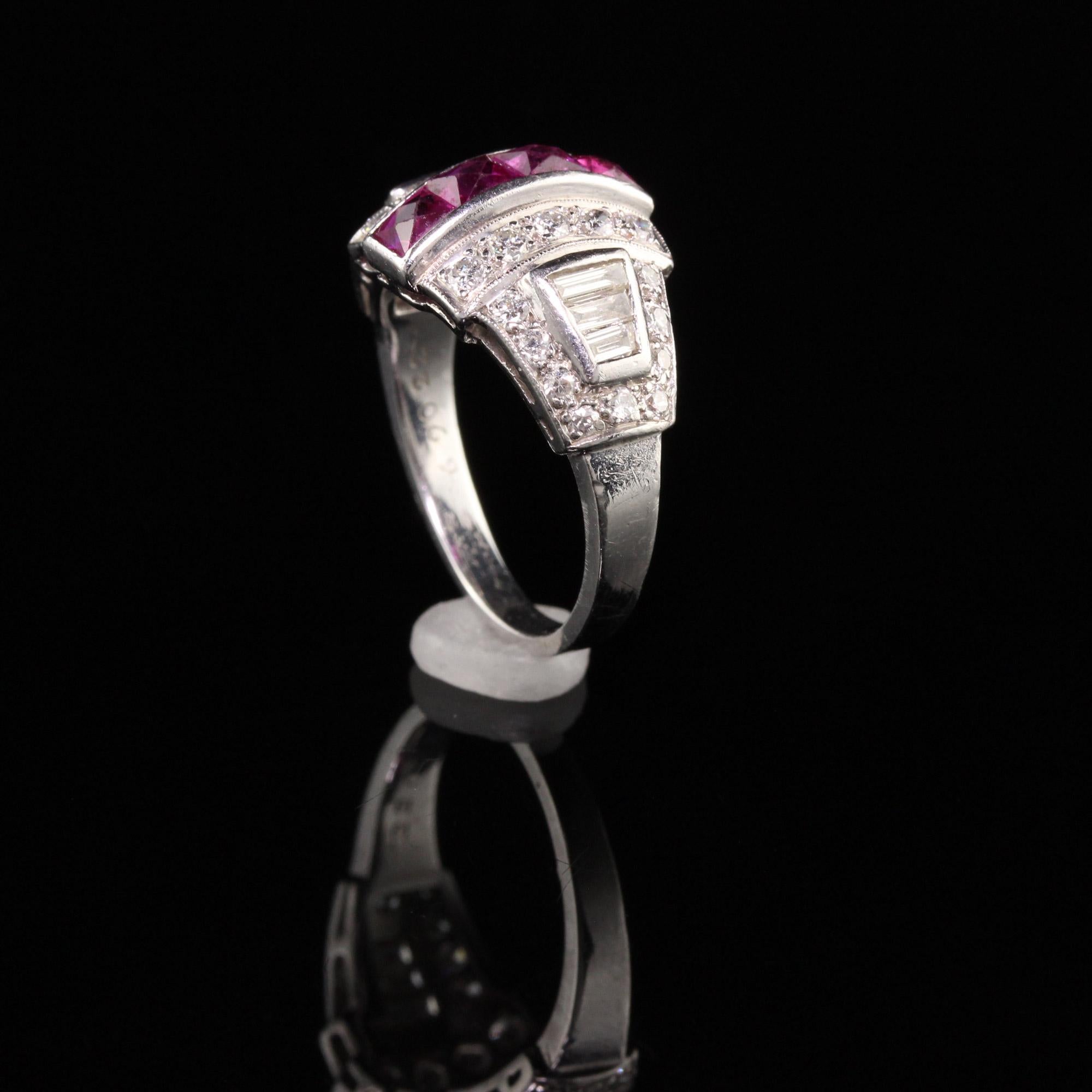 Antique Art Deco Platinum Diamond and French Cut Ruby Ring For Sale 3