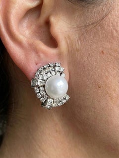 Antique Art Deco Platinum Diamond and Pearl Stud Earrings