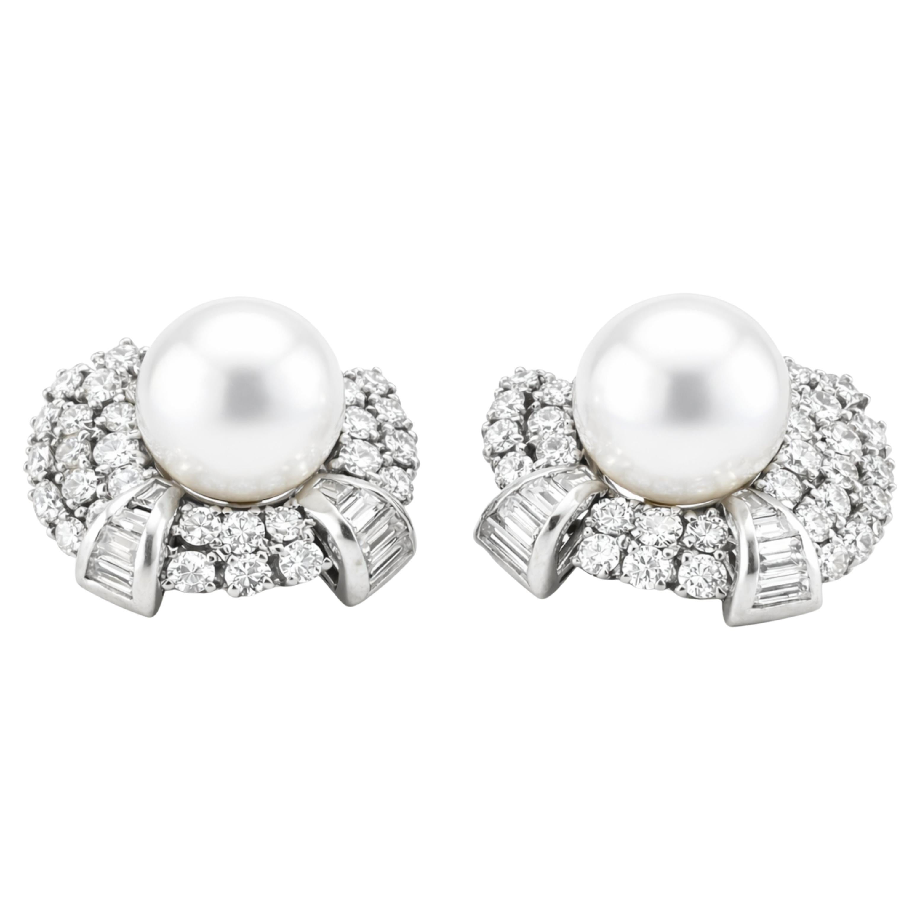 Antique Art Deco Platinum Diamond and Pearl Stud Earrings For Sale