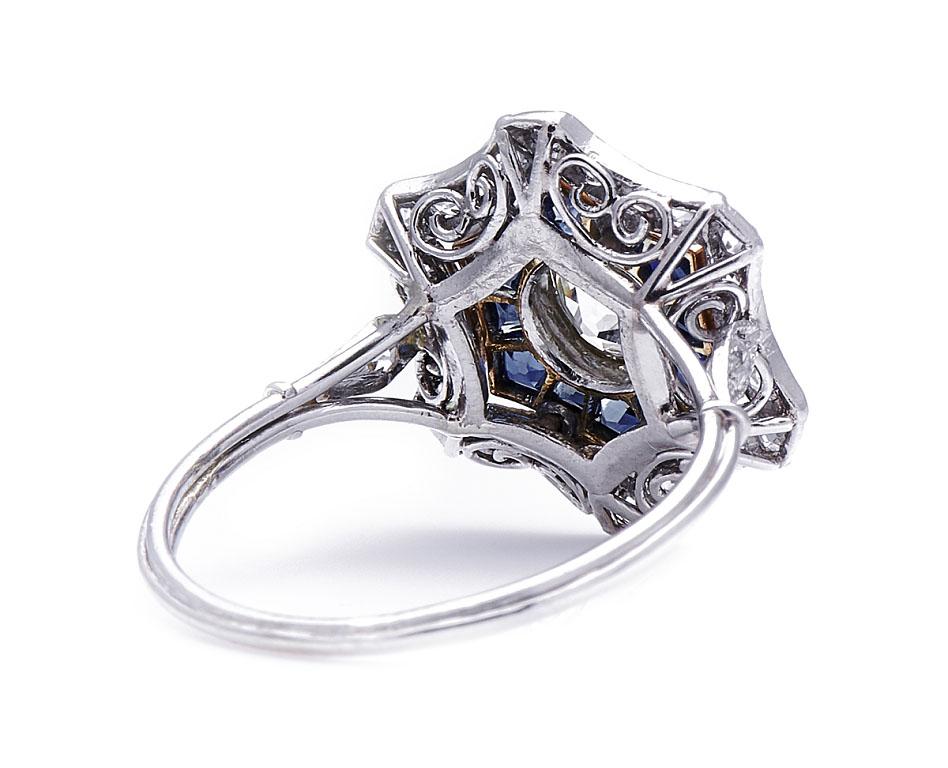 Antique, Art Deco, Platinum Diamond and Sapphire Cluster Ring In Excellent Condition For Sale In Rochford, Essex