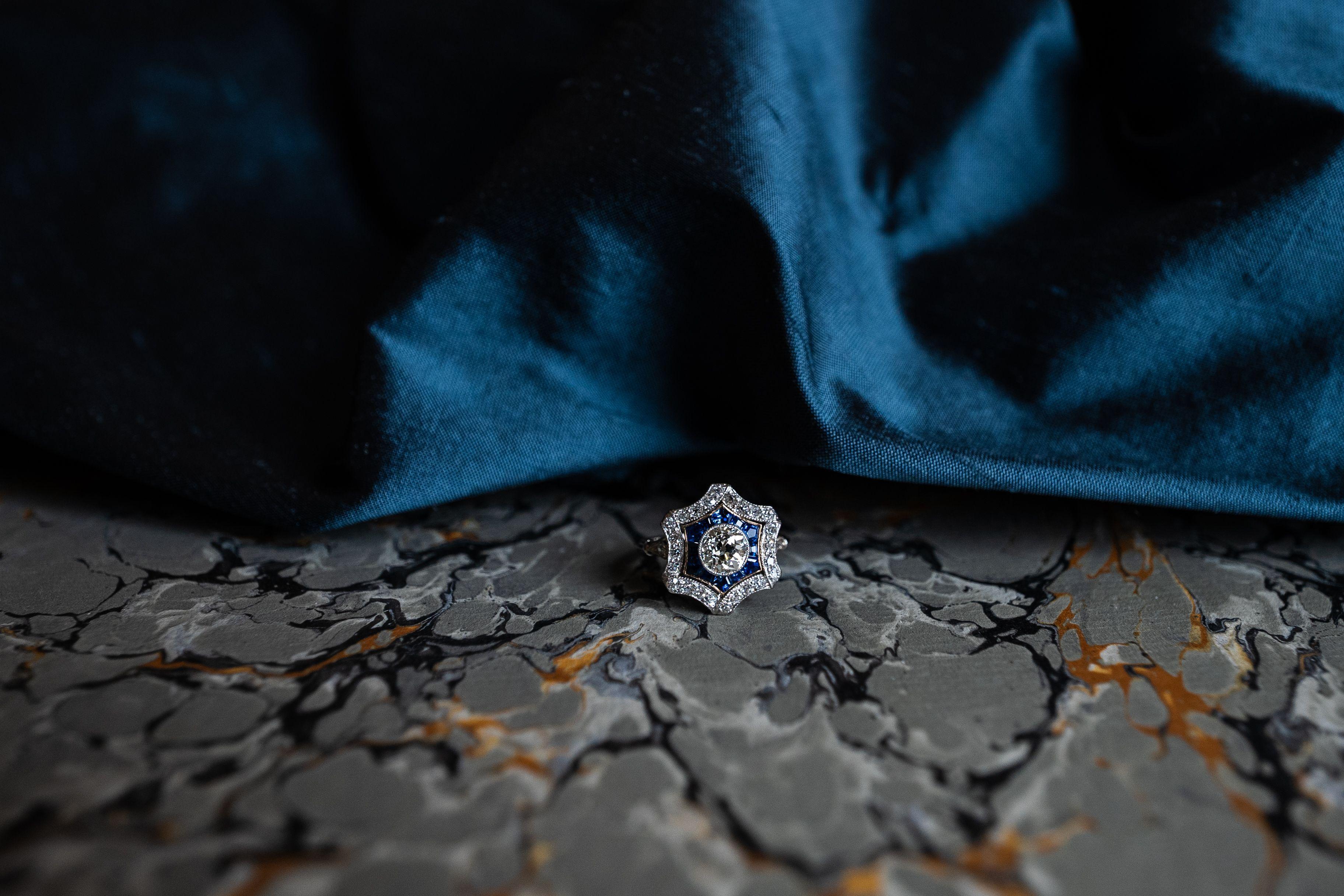 Antique, Art Deco, Platinum Diamond and Sapphire Cluster Ring For Sale 1