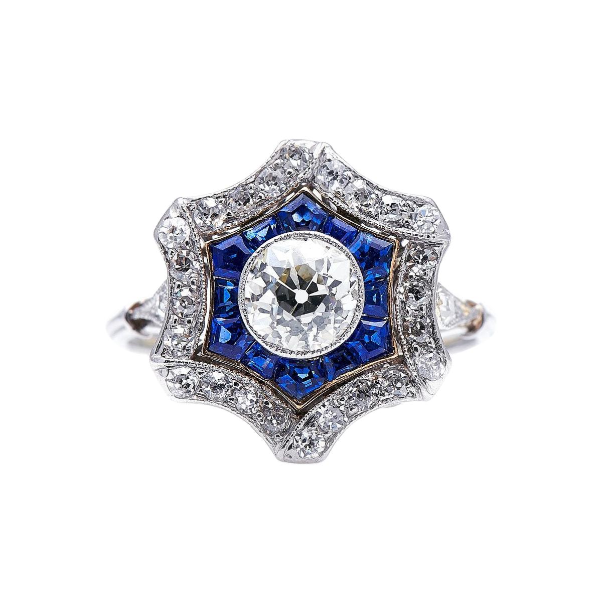 Antique, Art Deco, Platinum Diamond and Sapphire Cluster Ring For Sale
