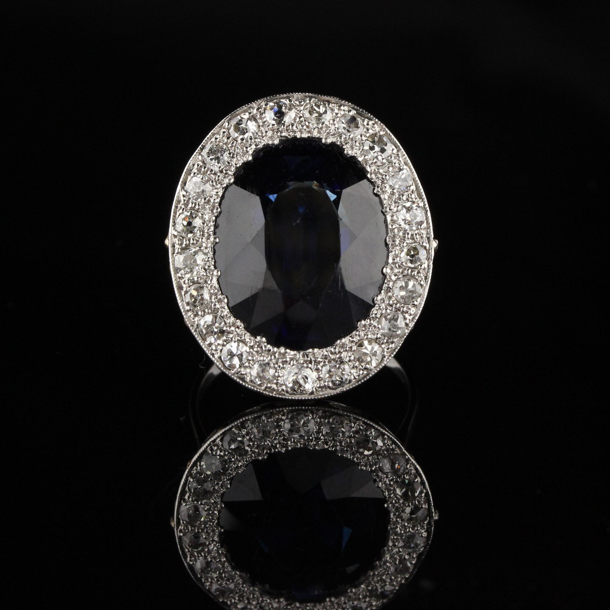Round Cut Antique Art Deco Platinum Diamond and Sapphire Cocktail Ring For Sale
