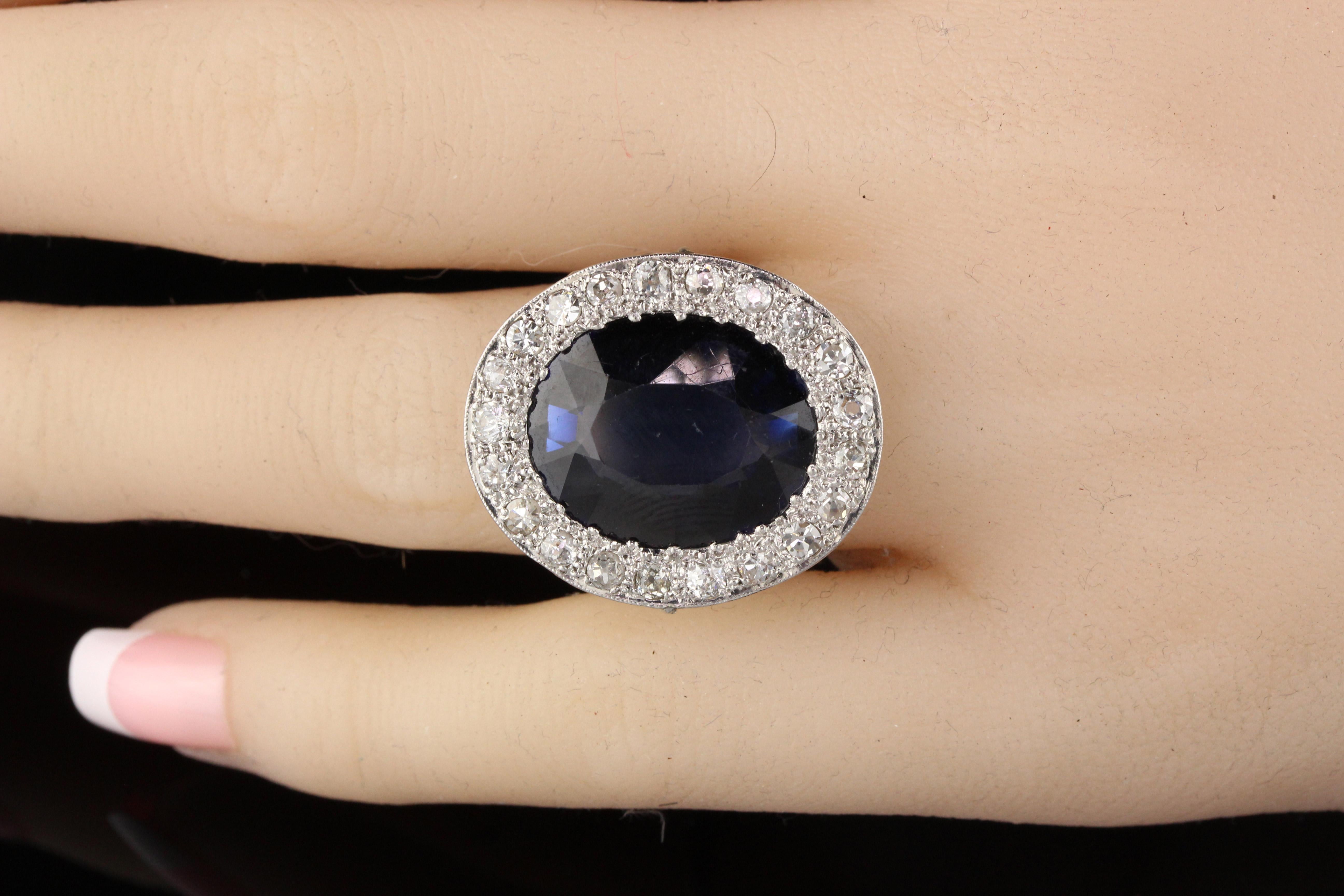 Antique Art Deco Platinum Diamond and Sapphire Cocktail Ring For Sale 2