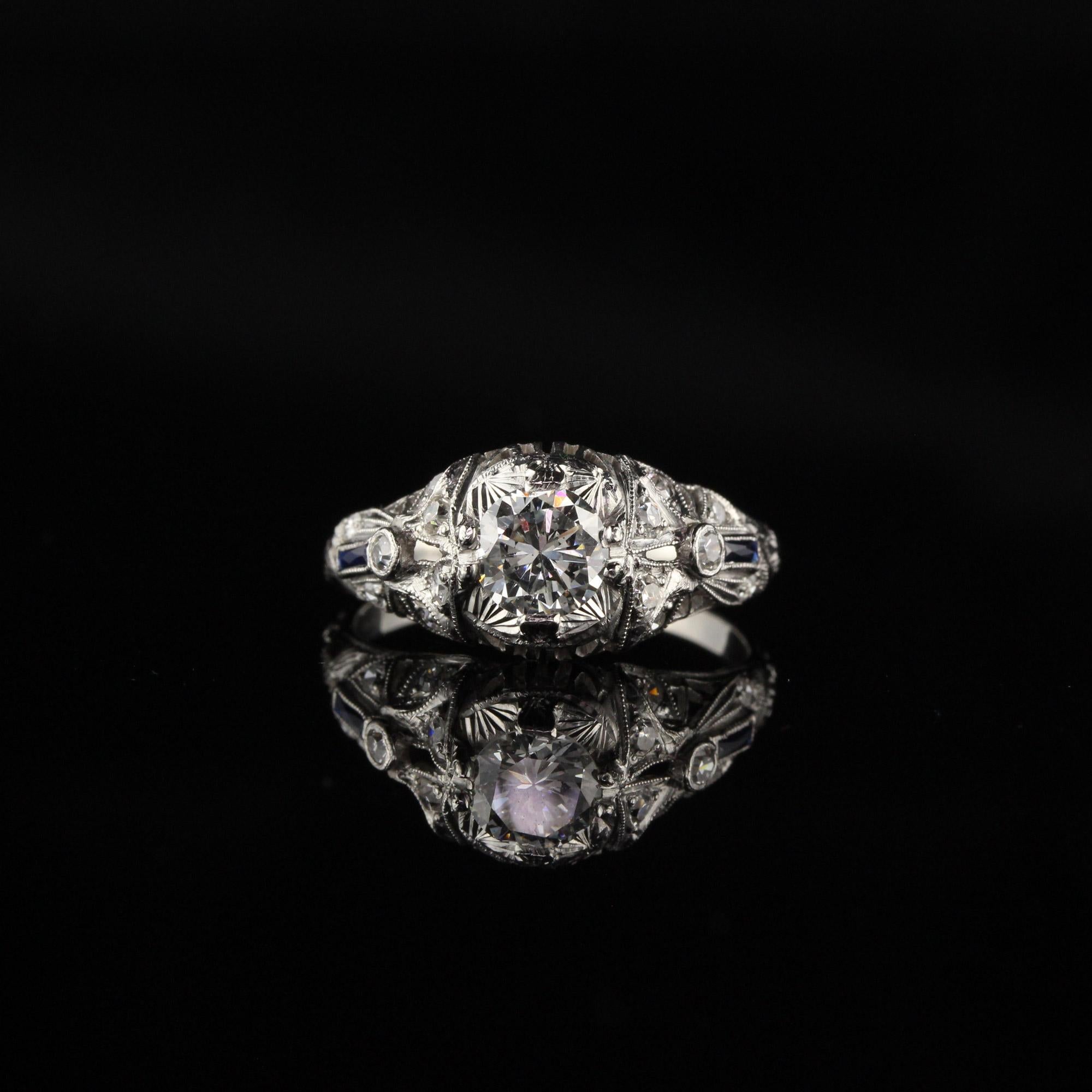 Round Cut Antique Art Deco Platinum Diamond and Sapphire Engagement Ring