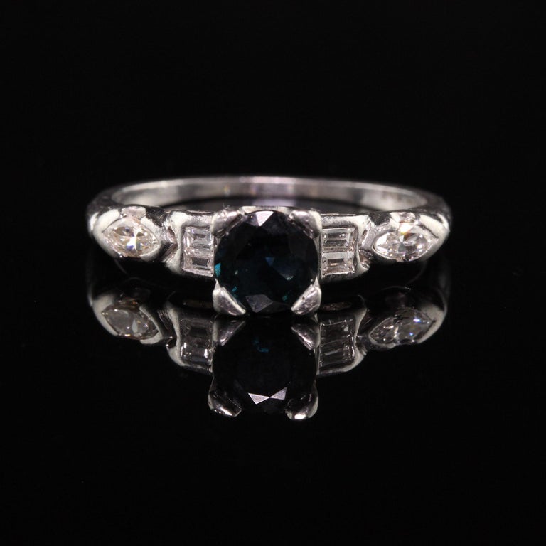 Antique Art Deco Platinum Diamond and Sapphire Engagement Ring In Good Condition For Sale In Great Neck, NY