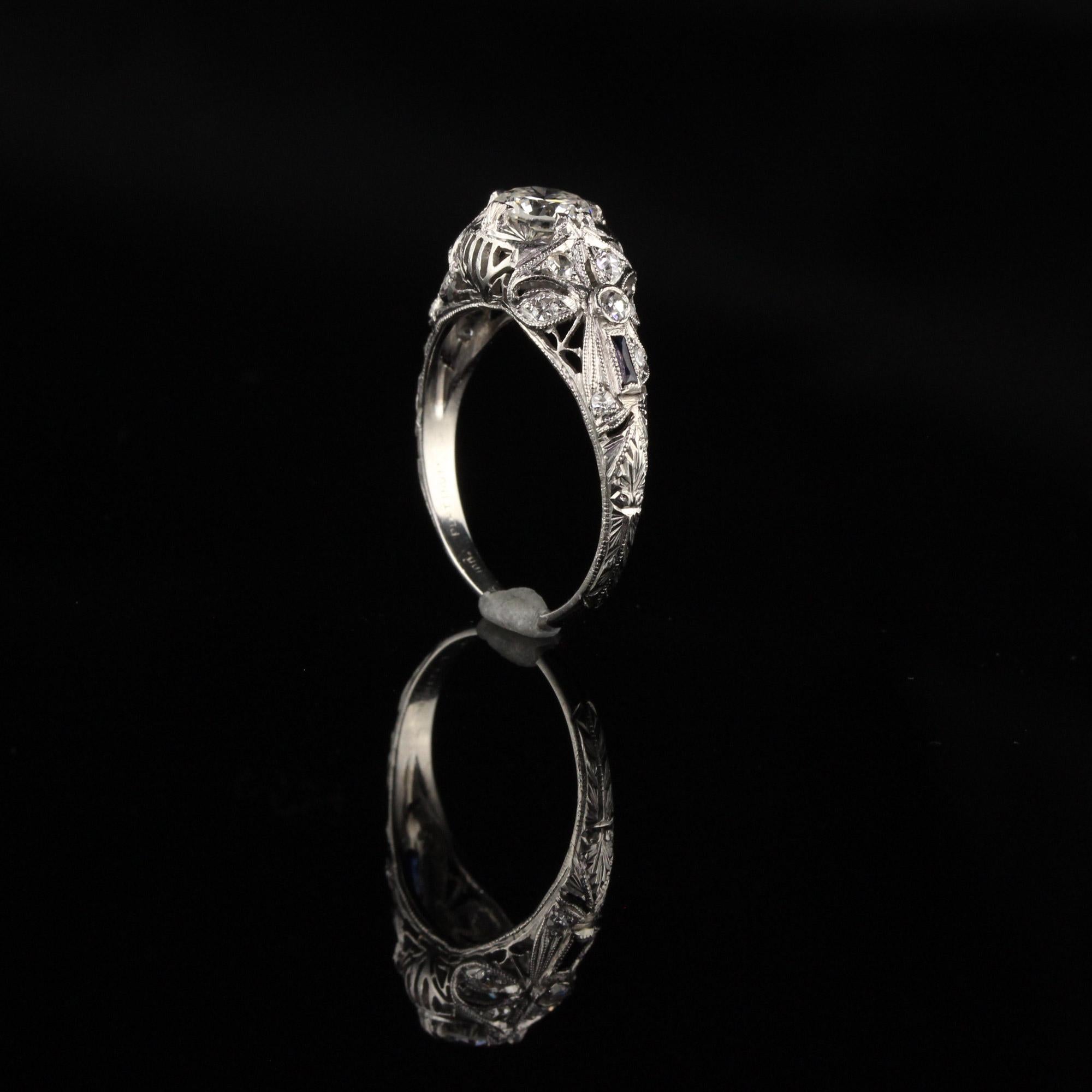 Antique Art Deco Platinum Diamond and Sapphire Engagement Ring 1