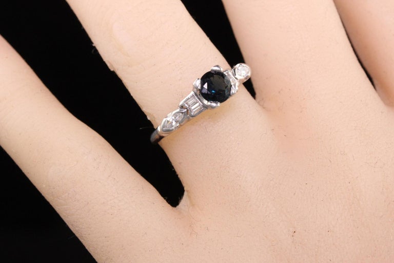 Antique Art Deco Platinum Diamond and Sapphire Engagement Ring For Sale 2