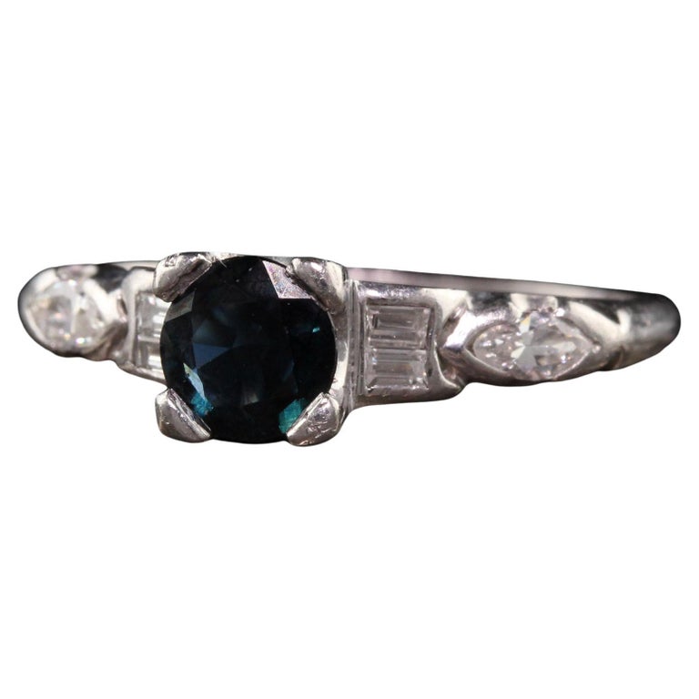 Antique Art Deco Platinum Diamond and Sapphire Engagement Ring For Sale
