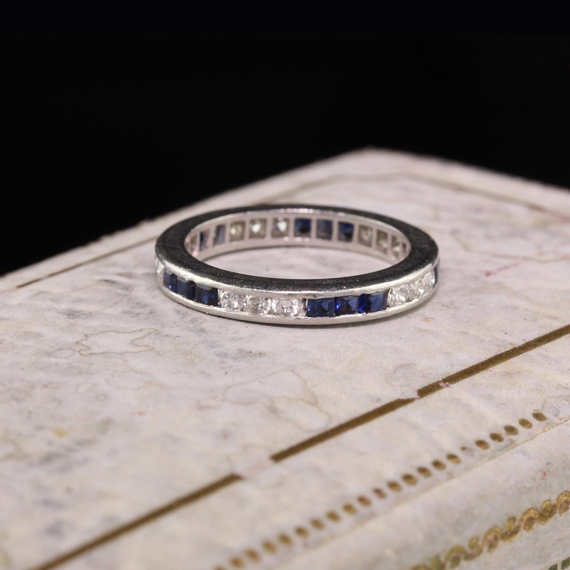 Gorgeous antique platinum eternity band with diamonds and sapphires. One sapphire on the band is chipped. 

Item #R0511

Metal: Platinum

Weight: 3.2 Grams

Total Diamond Weight: Approximately 0.50 cts

Diamond Color: H

Diamond Clarity: VS1 - VS2