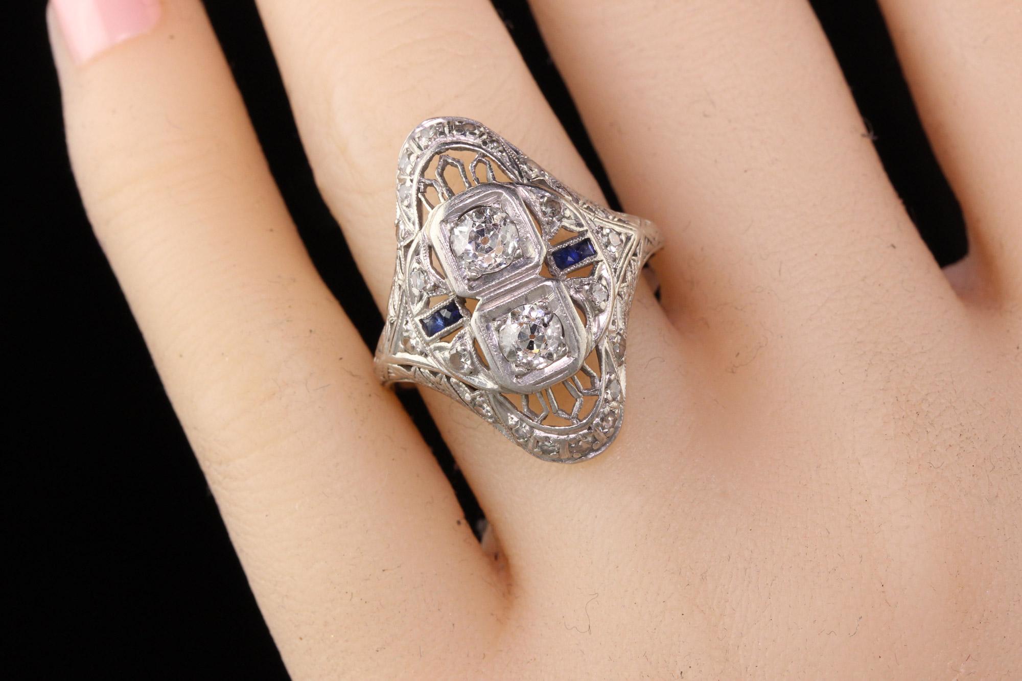 Old European Cut Antique Art Deco Platinum Diamond and Sapphire Filigree Shield Ring