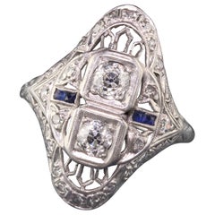 Antique Art Deco Platinum Diamond and Sapphire Filigree Shield Ring