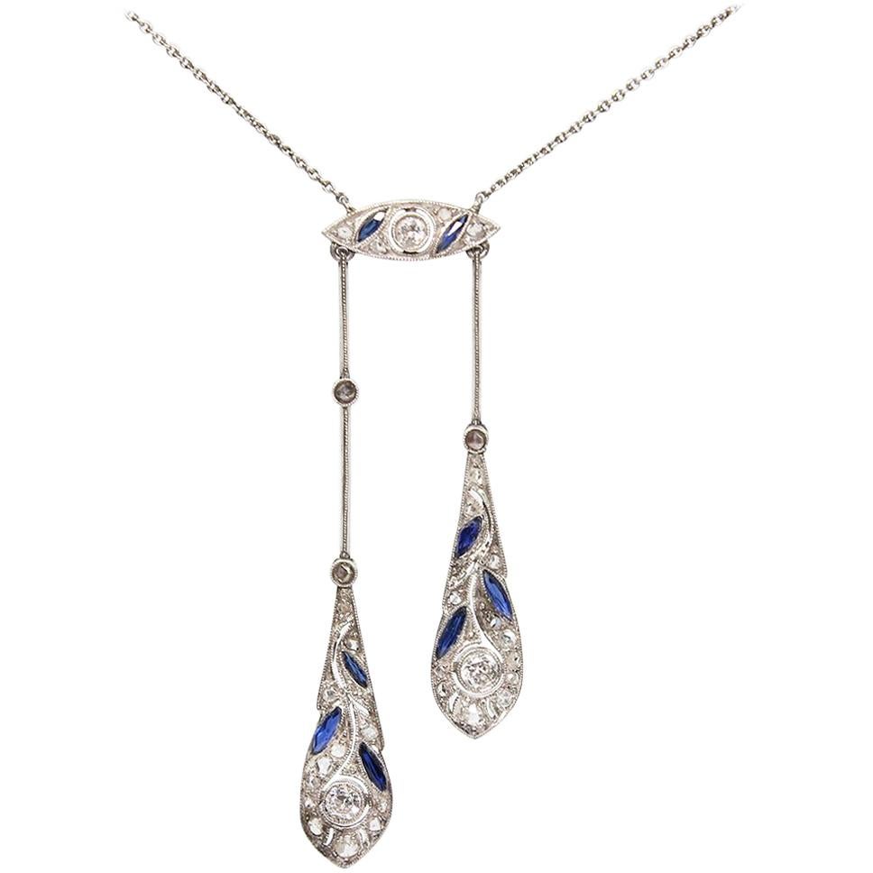 Antique Art Deco Platinum Diamond and Sapphire Necklace