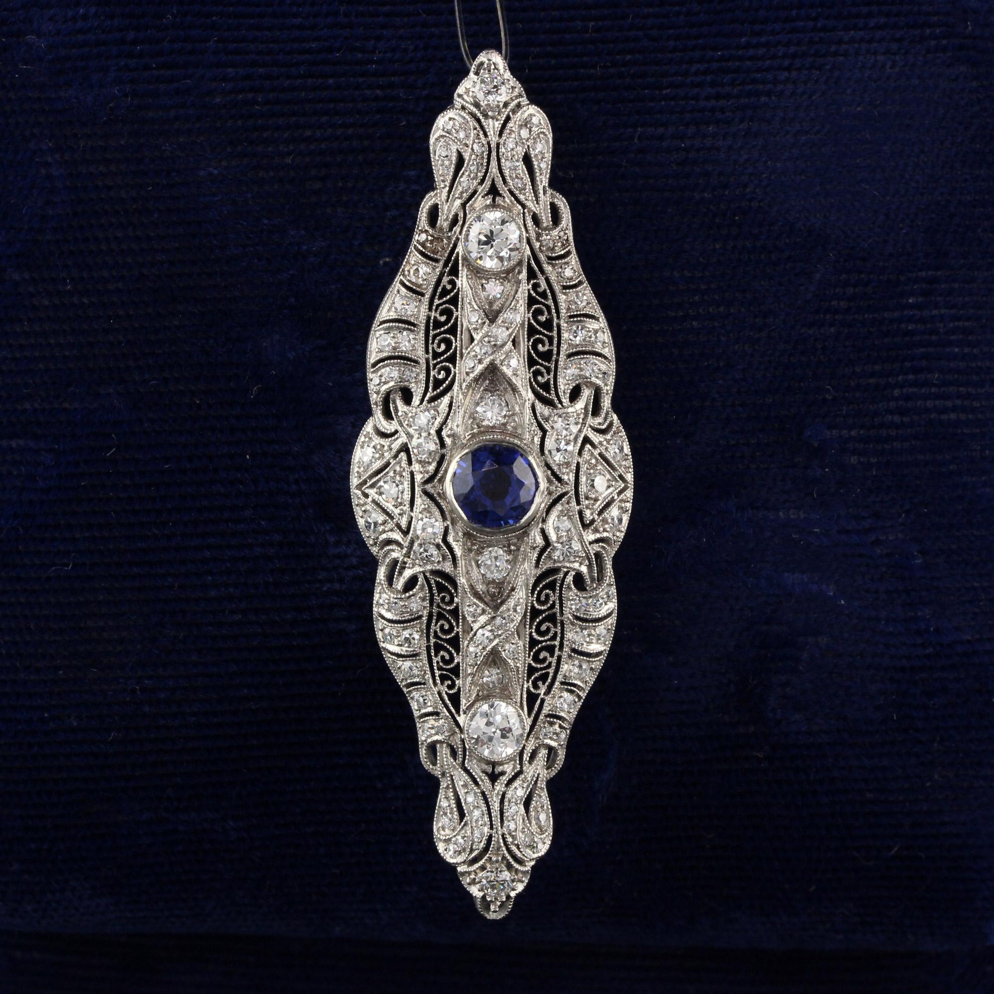 Gorgeous antique platinum pendant. The pendant has a sapphire center stone. 

Item #N0032

Metal: Platinum

Weight: 11.6 Grams

Total Diamond Weight: Approximately 1.50 cts

Diamond Color: H

Diamond Clarity: VS2

Measurements: 20.7 mm x 6.9 mm