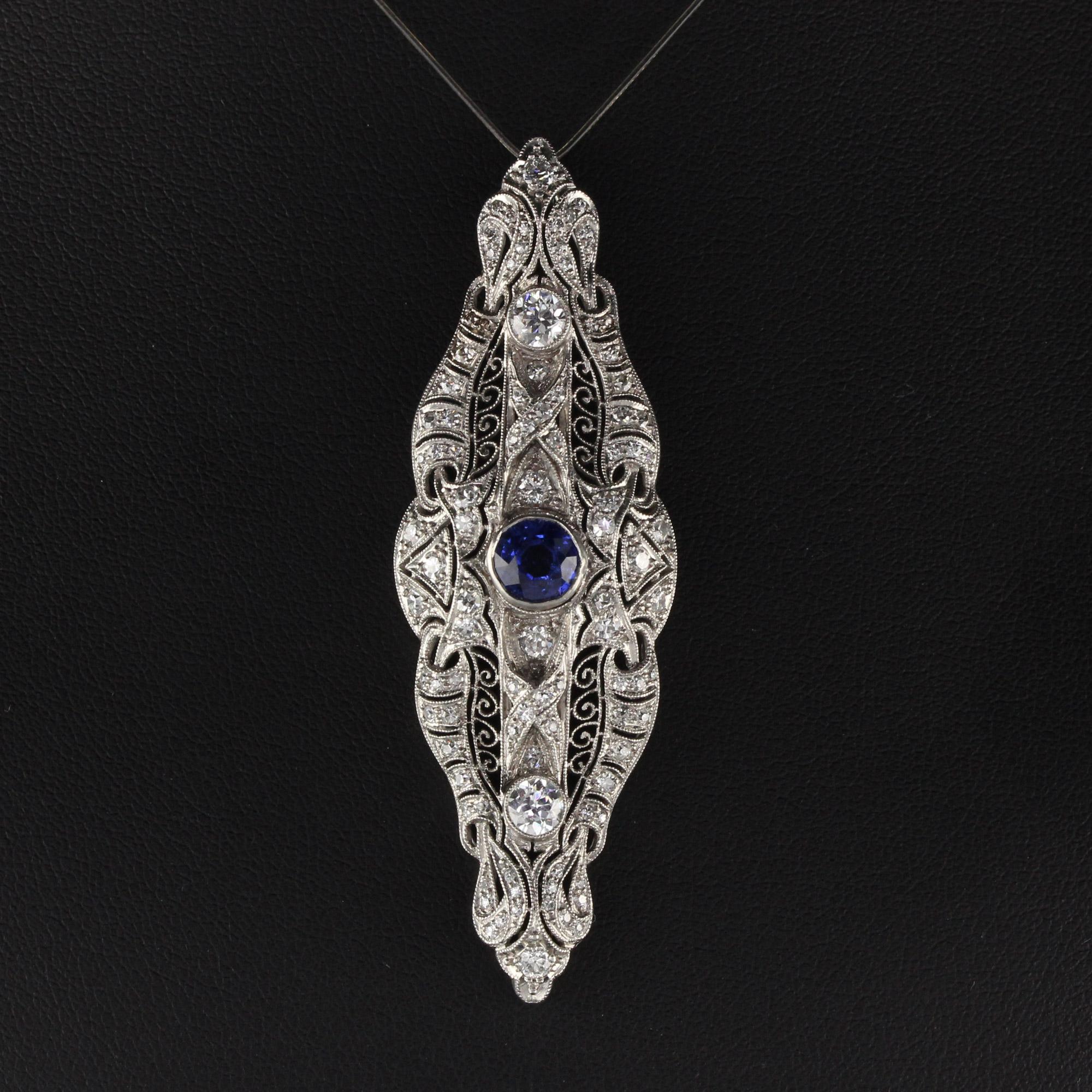 Round Cut Antique Art Deco Platinum Diamond and Sapphire Pendant