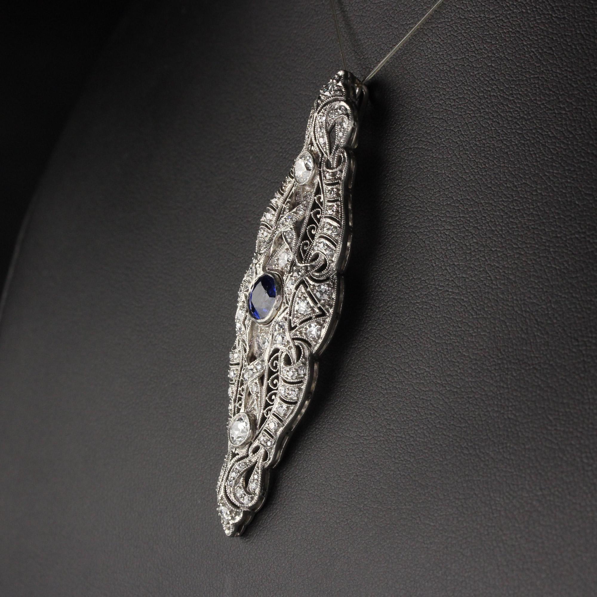 Antique Art Deco Platinum Diamond and Sapphire Pendant In Good Condition In Great Neck, NY