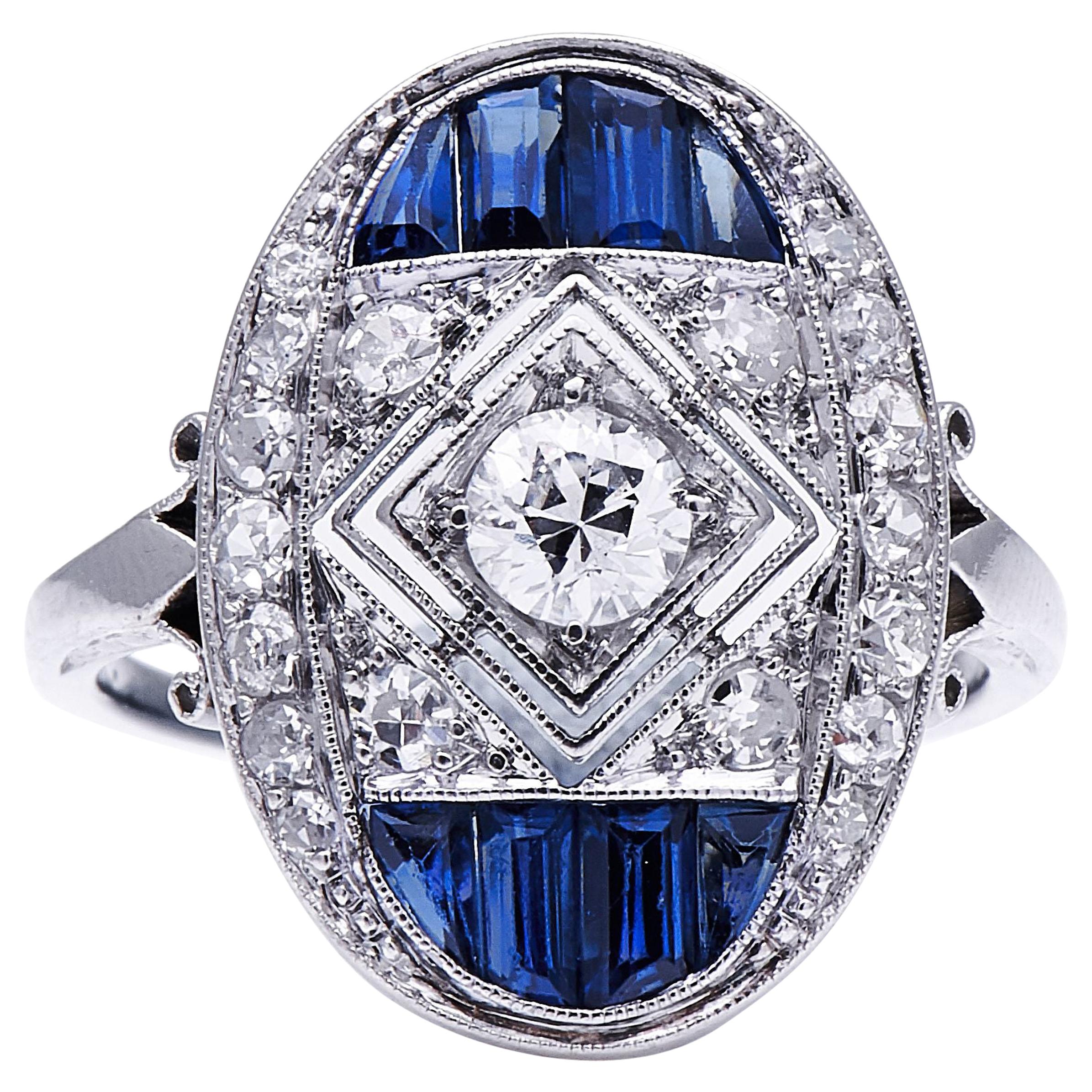 Antique Art Deco, Platinum, Diamond and Sapphire Ring For Sale