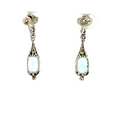 Antique Art Deco Platinum Diamond Aquamarine Pendant Earrings