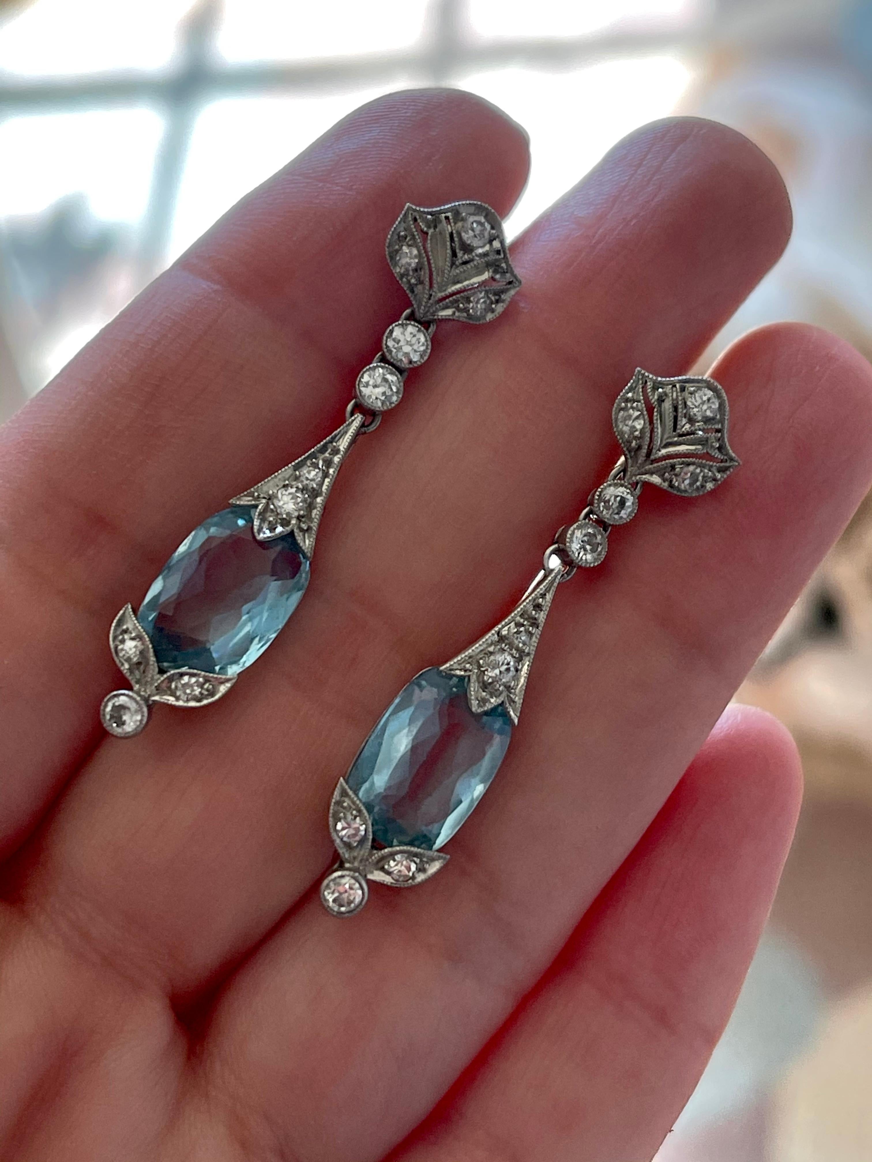 Old European Cut Antique Art Deco Platinum Diamond Aquamarine Pendant Earrings