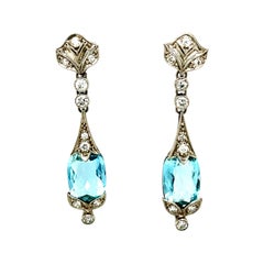 Antique Art Deco Platinum Diamond Aquamarine Pendant Earrings