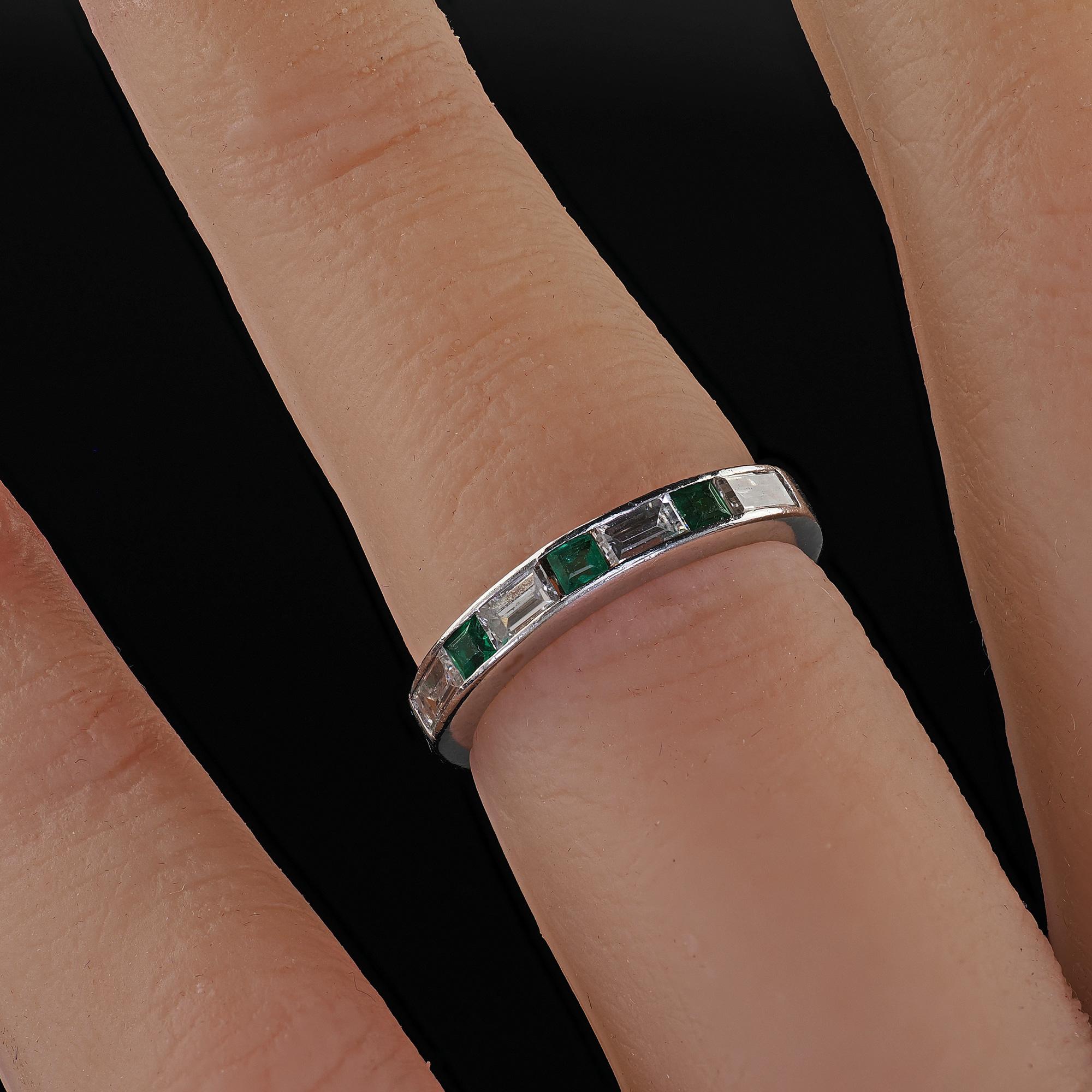 Antique Art Deco Platinum Diamond Baguette and Emerald Wedding Band - Size 3 3/4 5