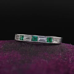Antique Art Deco Platinum Diamond Baguette and Emerald Wedding Band - Size 3 3/4