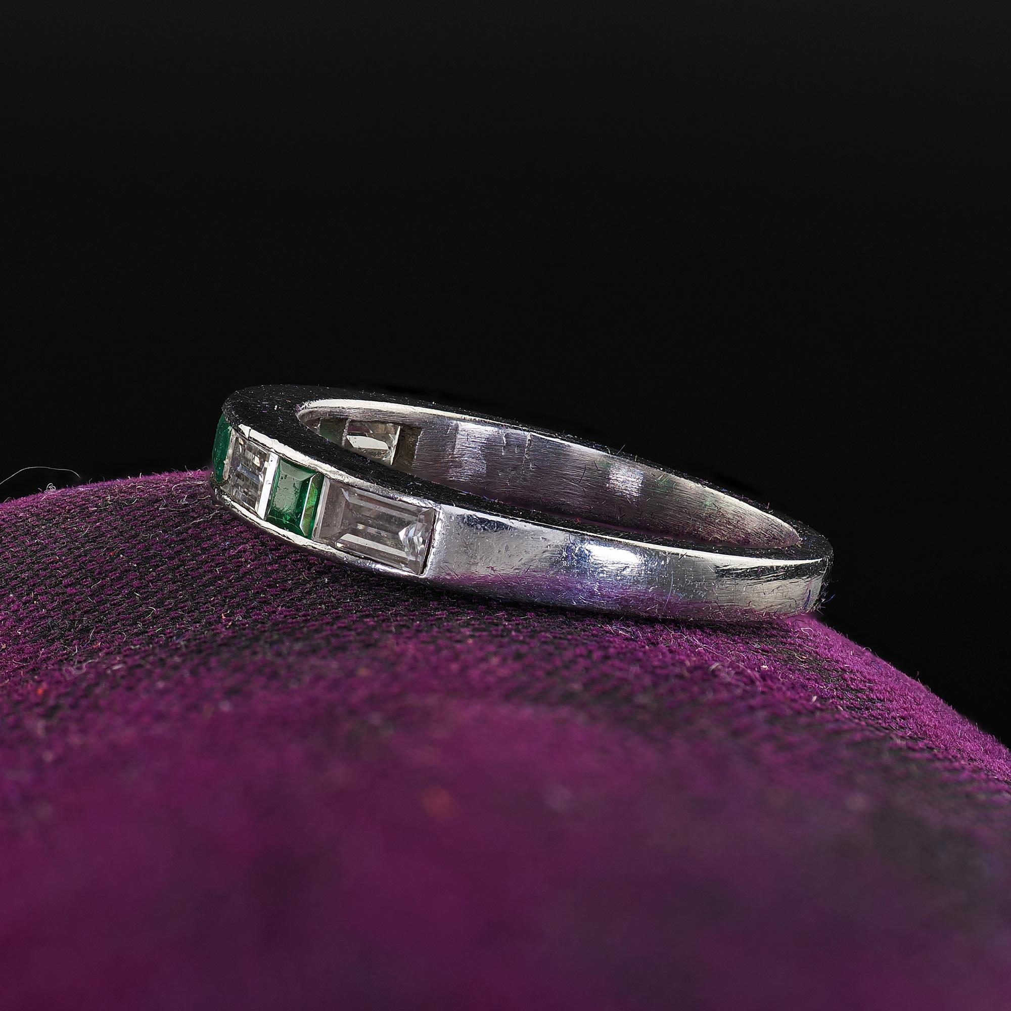 Women's Antique Art Deco Platinum Diamond Baguette and Emerald Wedding Band - Size 3 3/4
