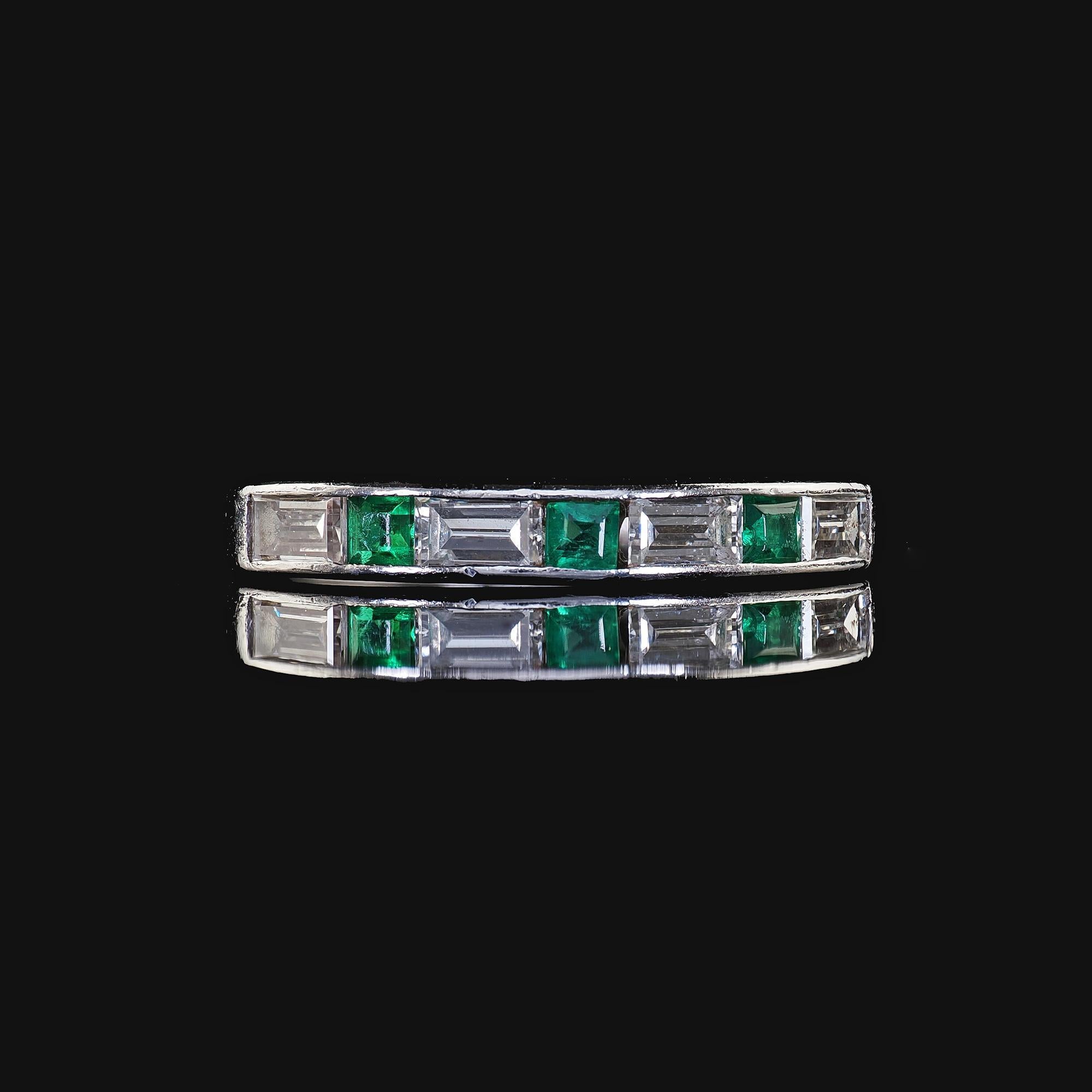 Antique Art Deco Platinum Diamond Baguette and Emerald Wedding Band - Size 3 3/4 2