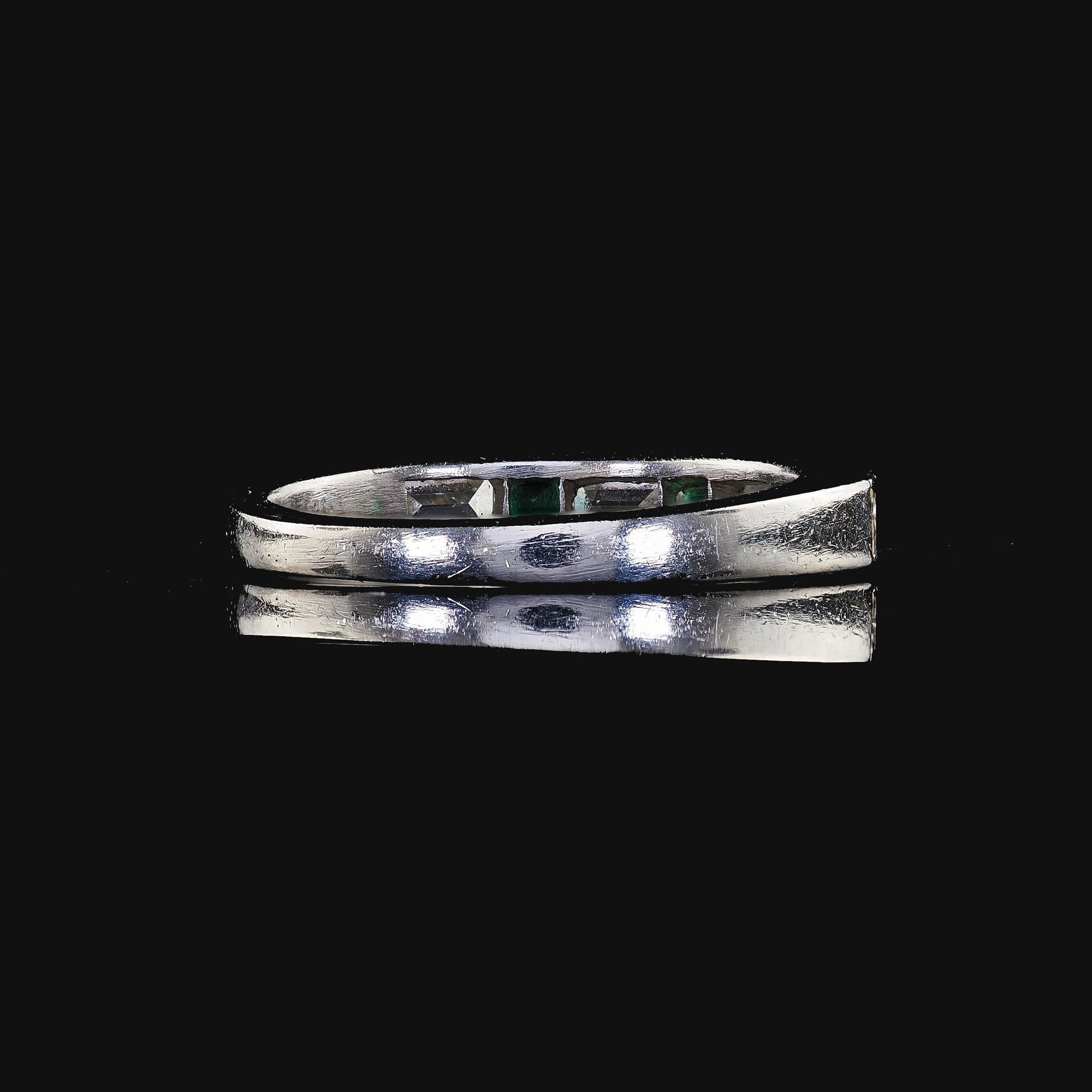 Antique Art Deco Platinum Diamond Baguette and Emerald Wedding Band - Size 3 3/4 3